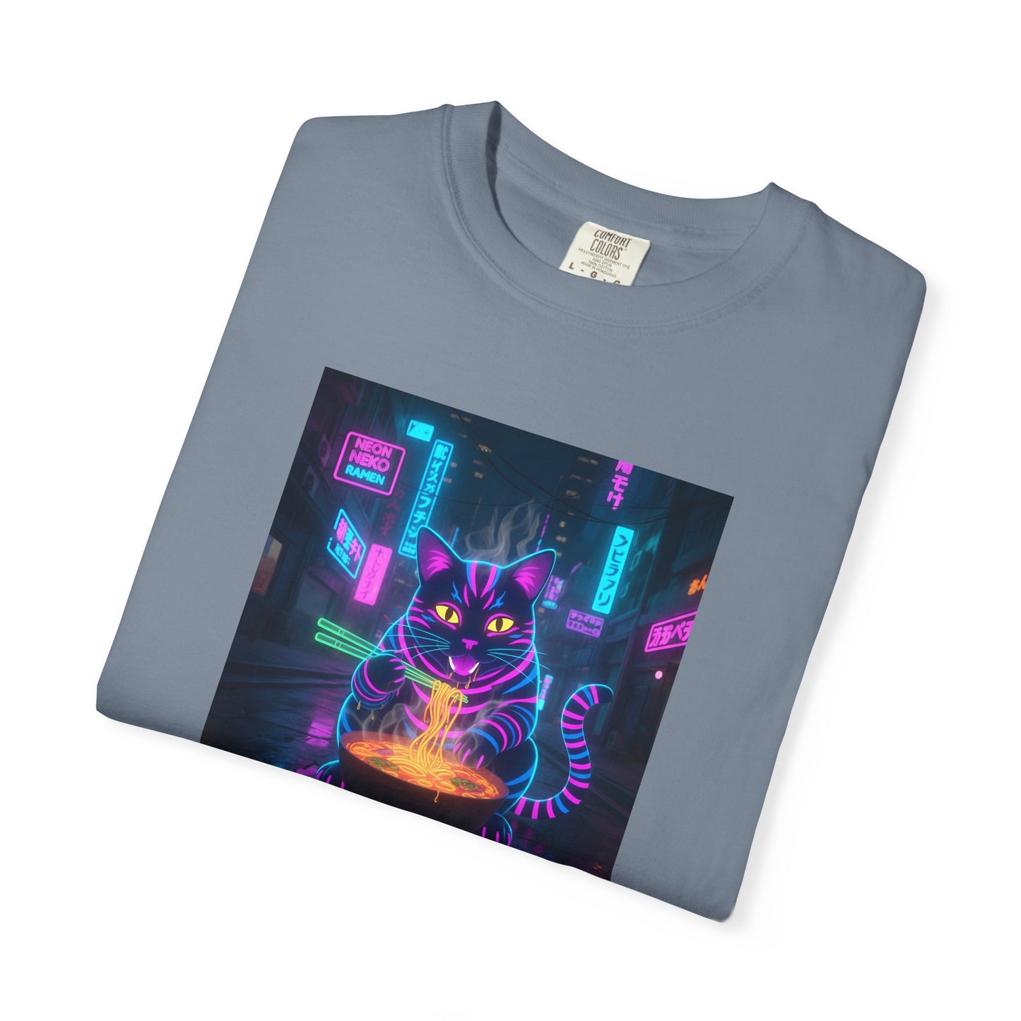 Neon Cyberpunk Cat Mystic Bowl T-shirt | Retro Futuristic Alley Art