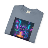 Neon Cyberpunk Cat Mystic Bowl T-shirt | Retro Futuristic Alley Art