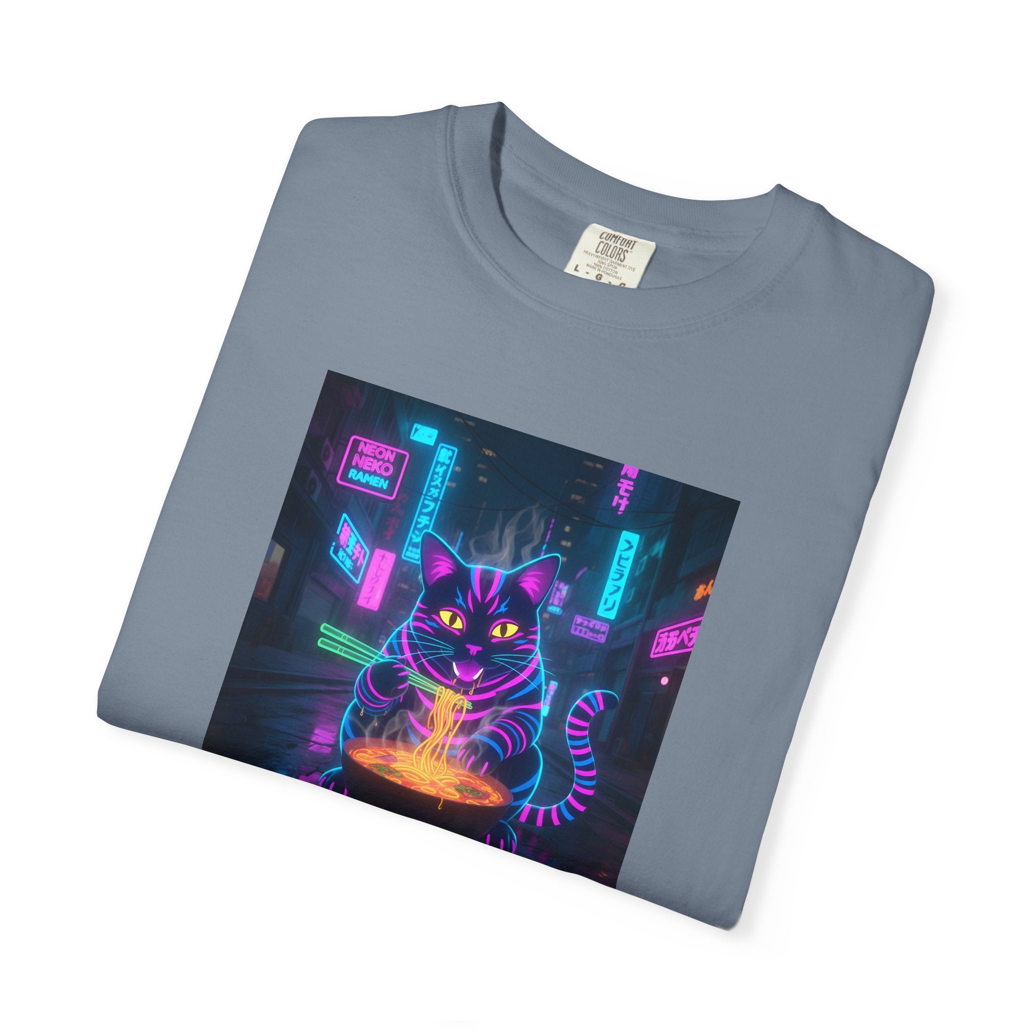 Neon Cyberpunk Cat Mystic Bowl T-shirt | Retro Futuristic Alley Art