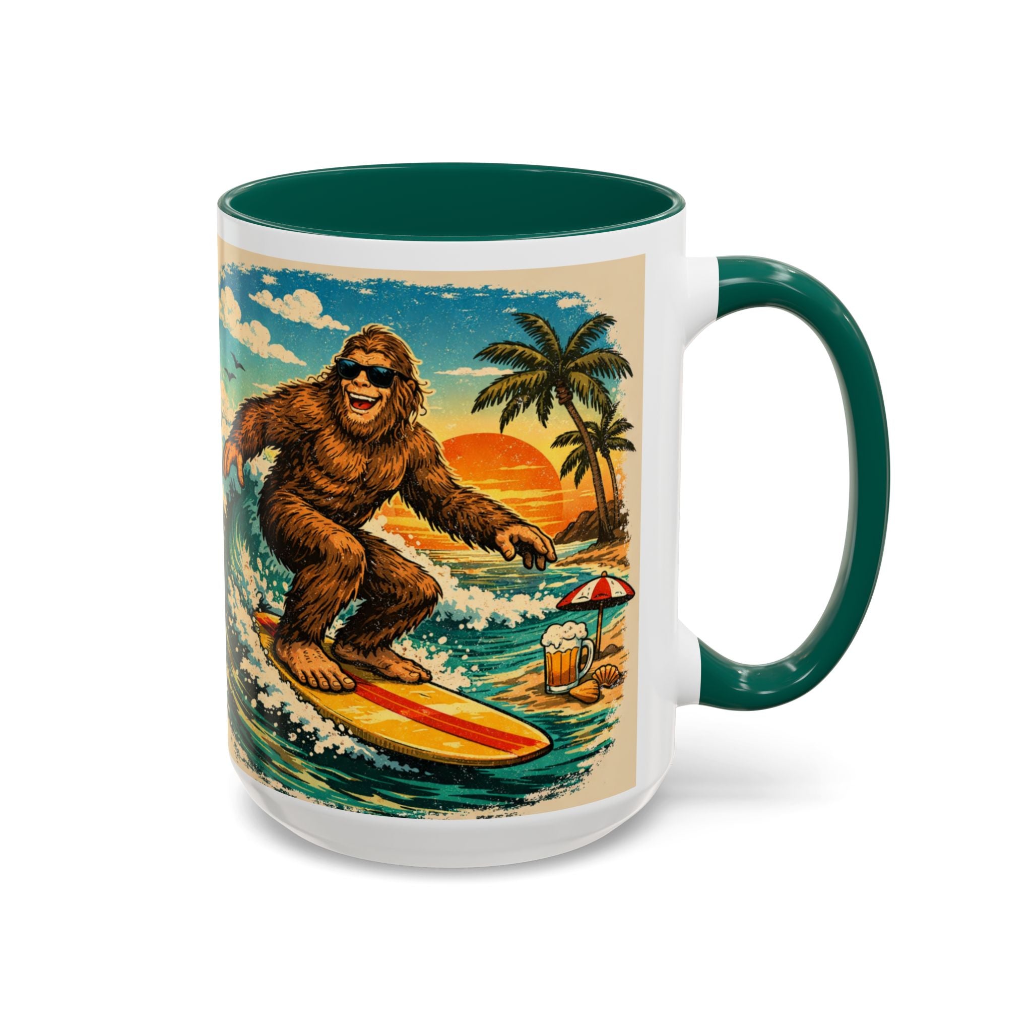 Surfing Bigfoot Mug | Retro Beach Sunset Bigfoot Wave Coffee Cup