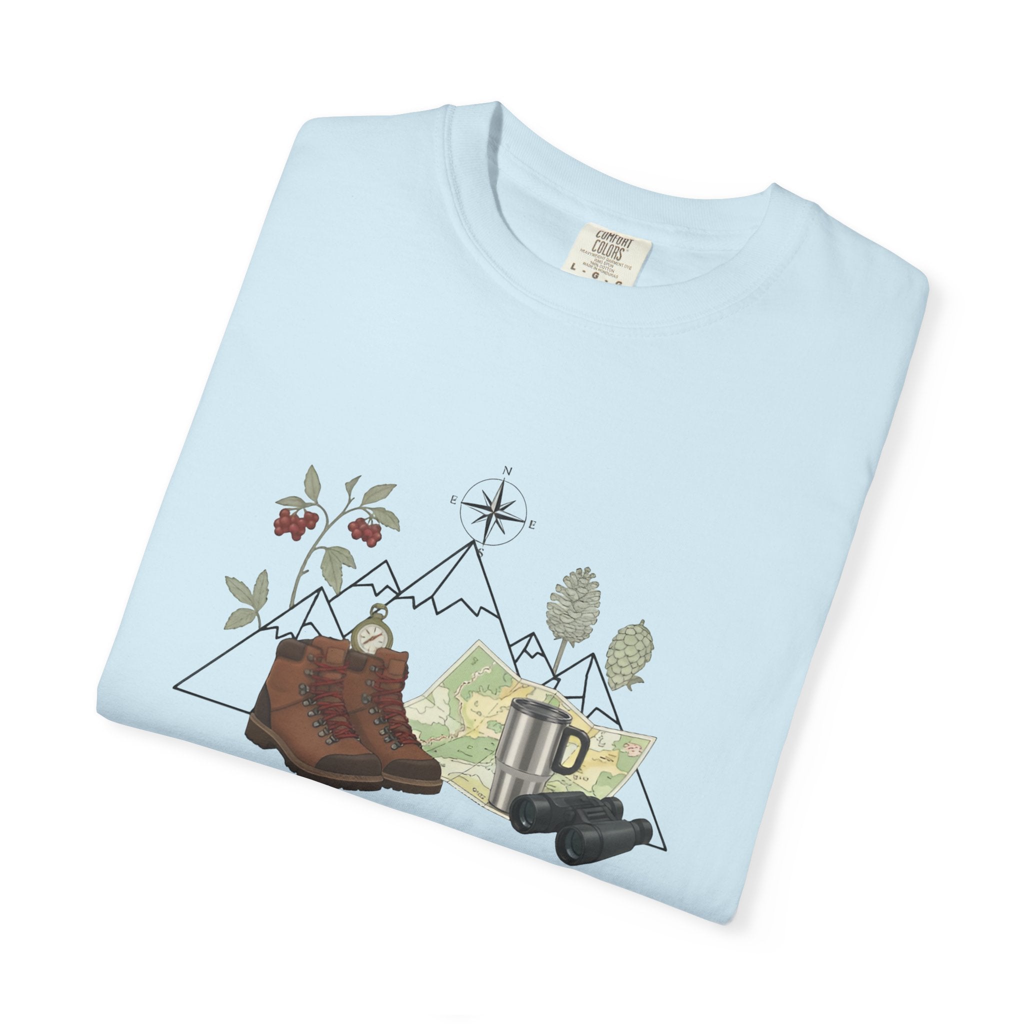 Camping Mountain Outdoors Graphic T-shirt | Hiking Boots Trees Flowers