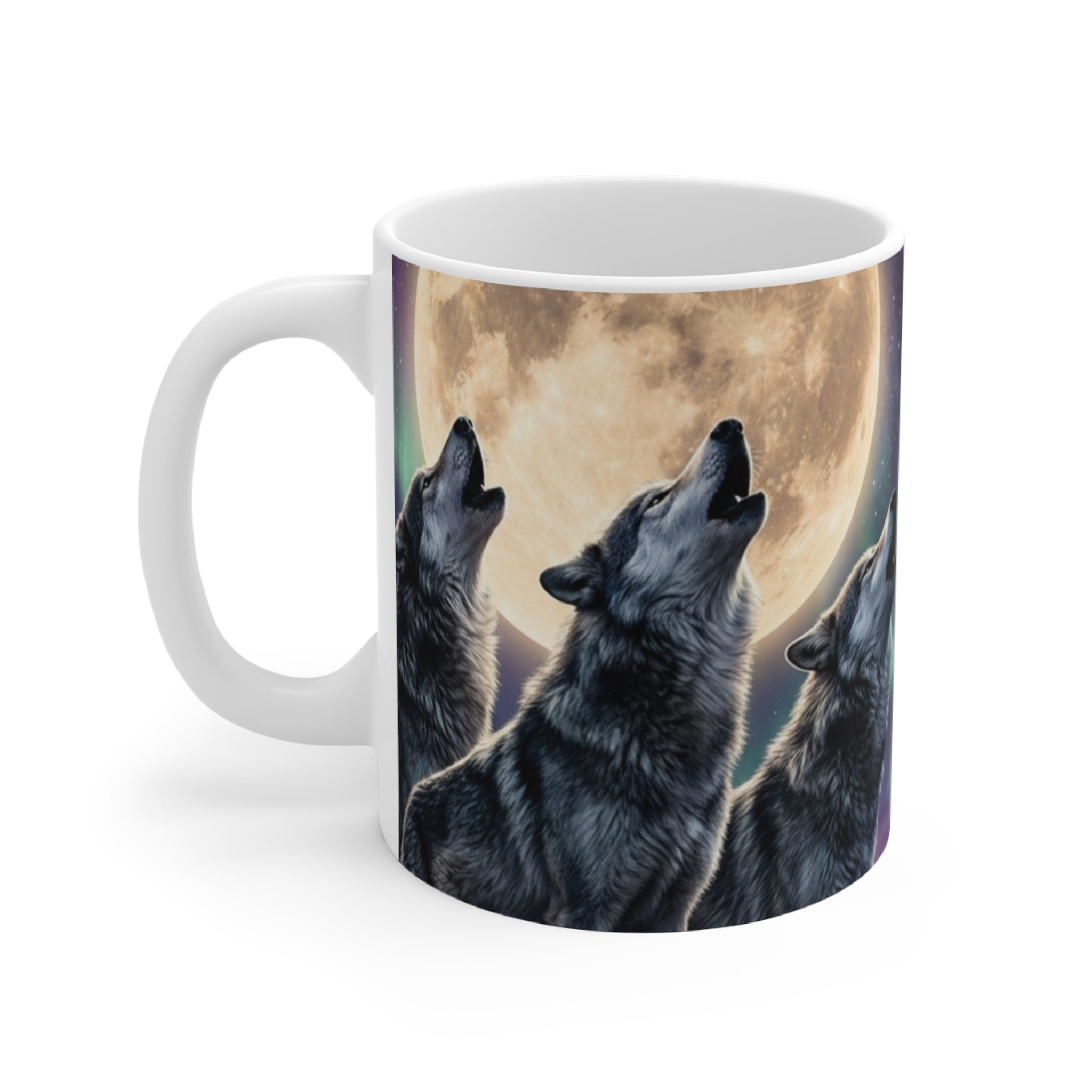 Howling 3 Wolves Moon Mug | Full Moon Night Sky, Aurora