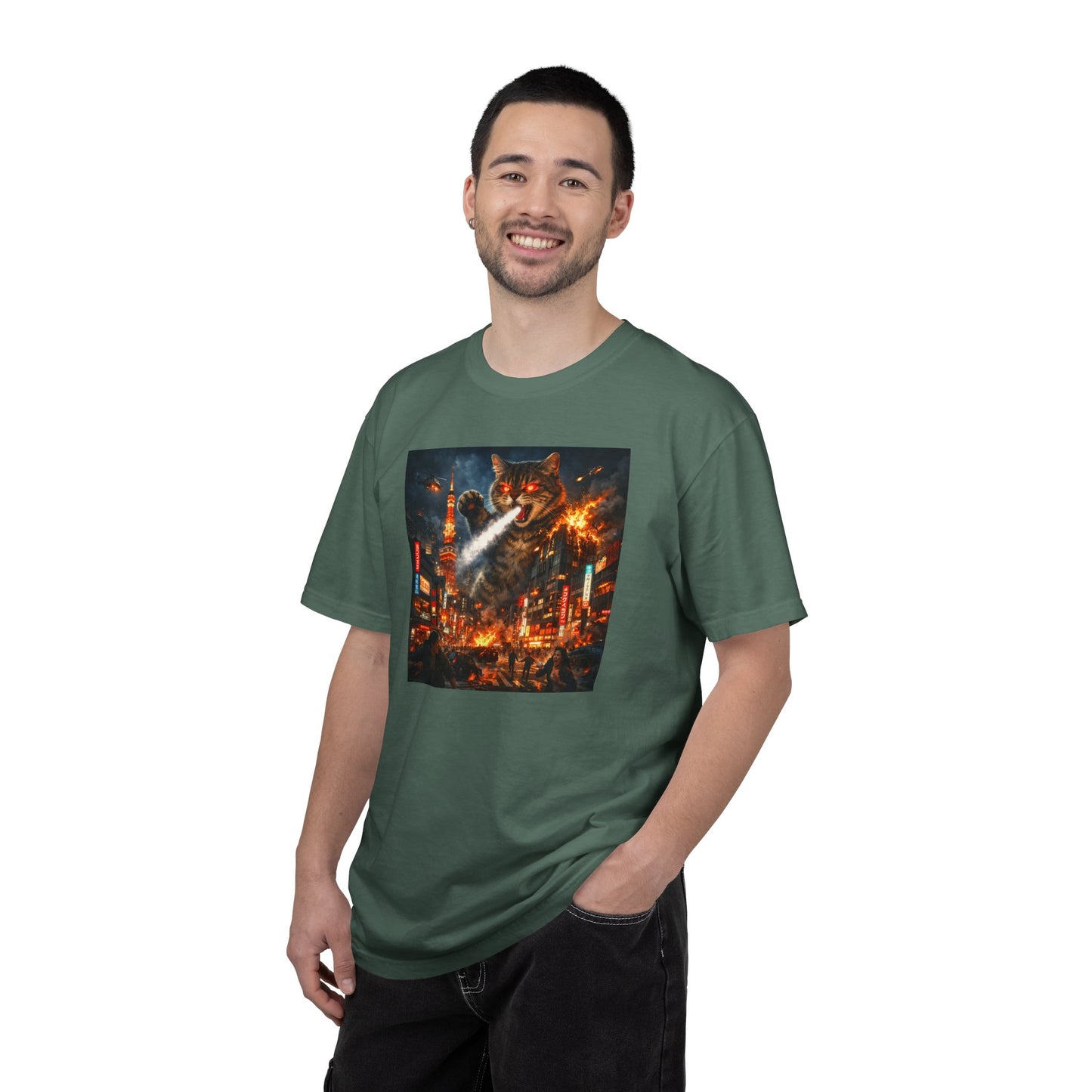 Giant Catzilla Kaiju Rampage T-Shirt | Neon City Monster Battle