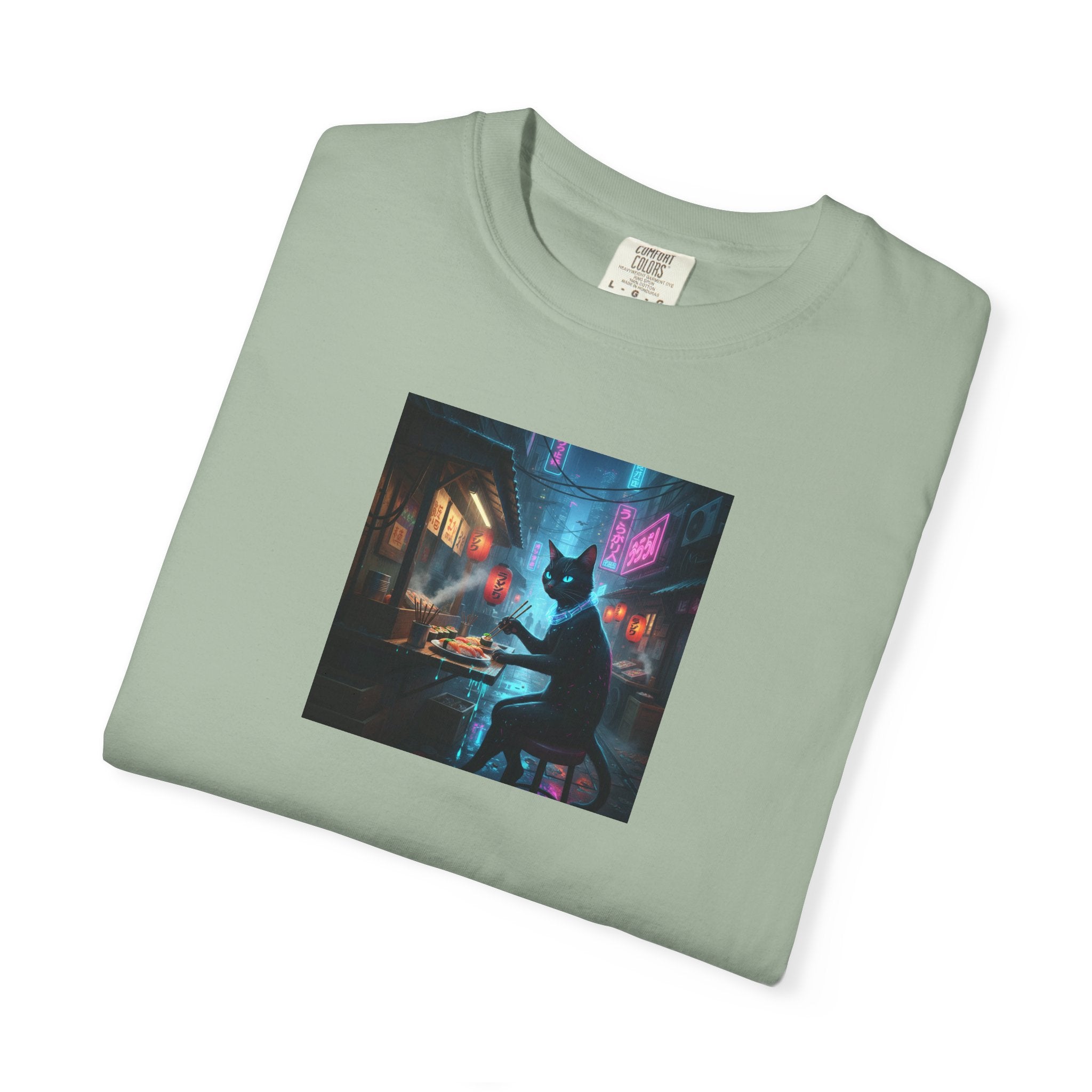 Cyberpunk Cat Sushi T-shirt | Neon Japan Noir
