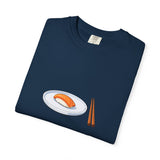 Salmon Nigiri Sushi plate with chopsticks T-shirt | sushi tee