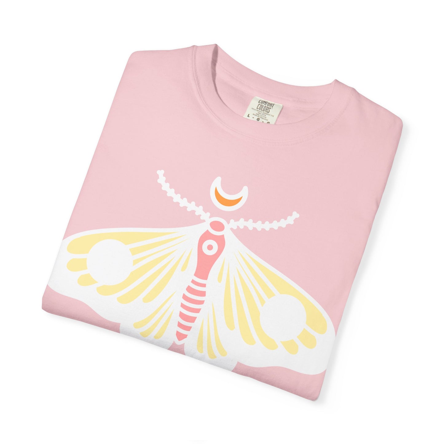 Celestial Moth T-shirt | Pink Yellow Moth with Crescent Moon