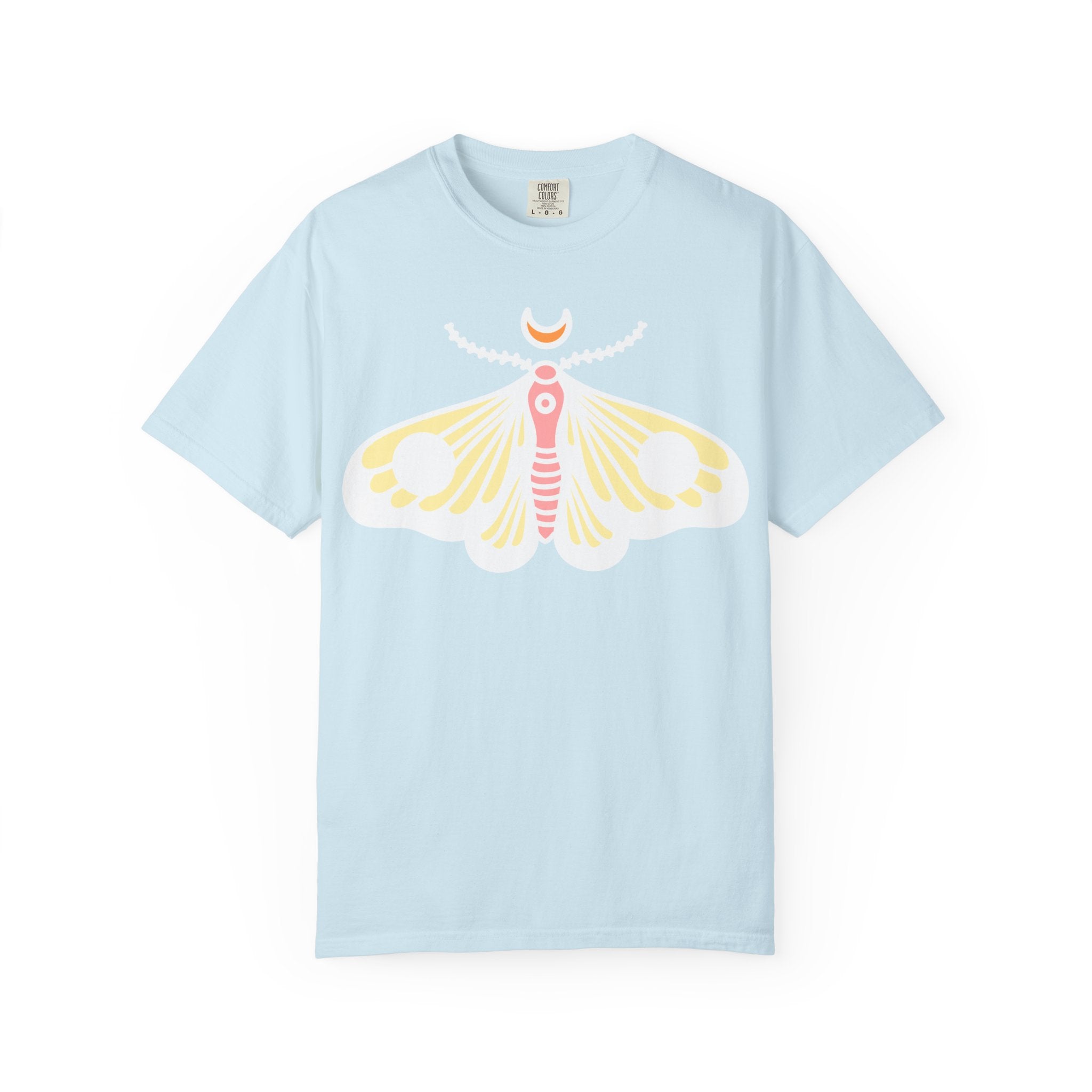 Celestial Moth T-shirt | Pink Yellow Moth with Crescent Moon