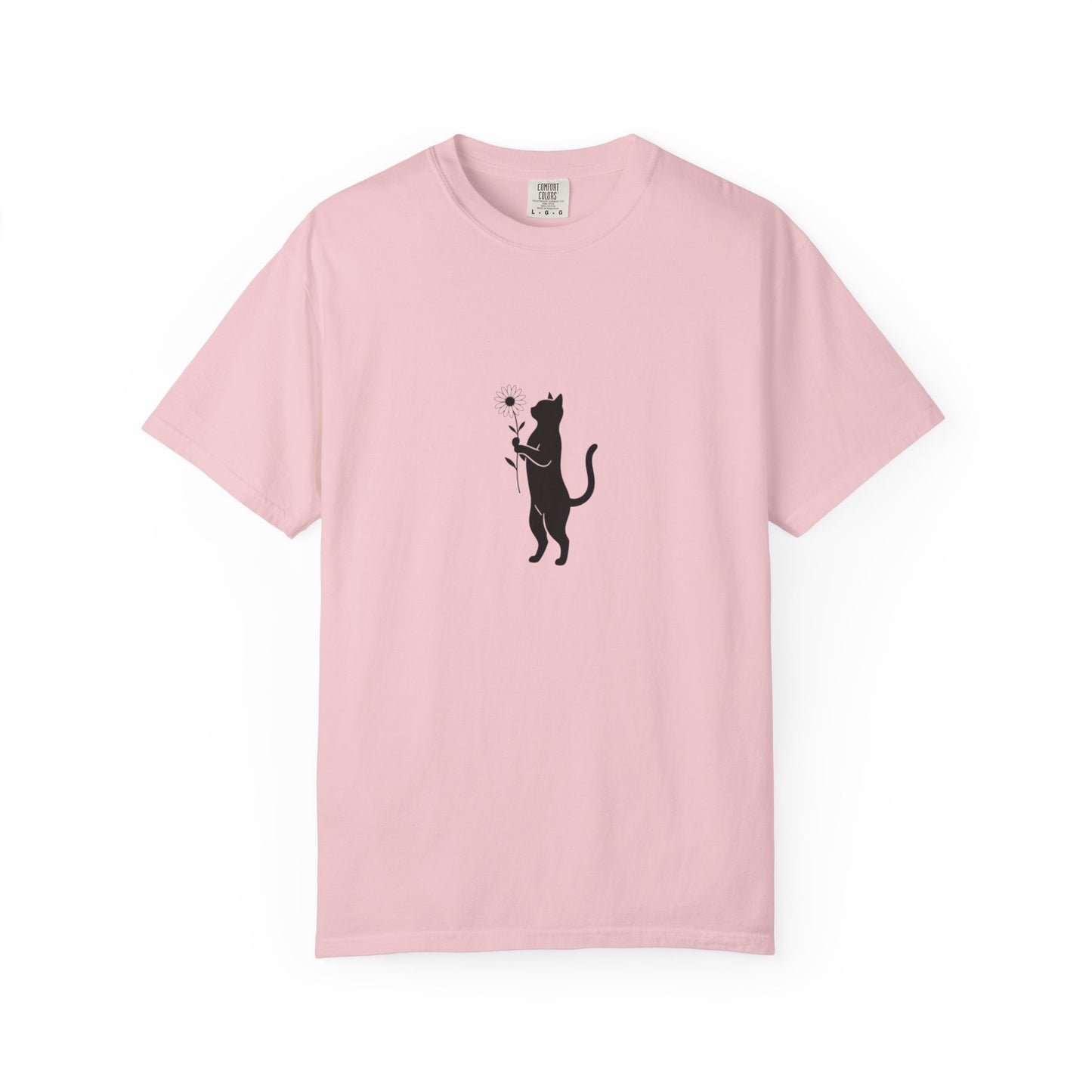 Black Cat Holding Flower T-Shirt | Minimal Cat Silhouette Tee