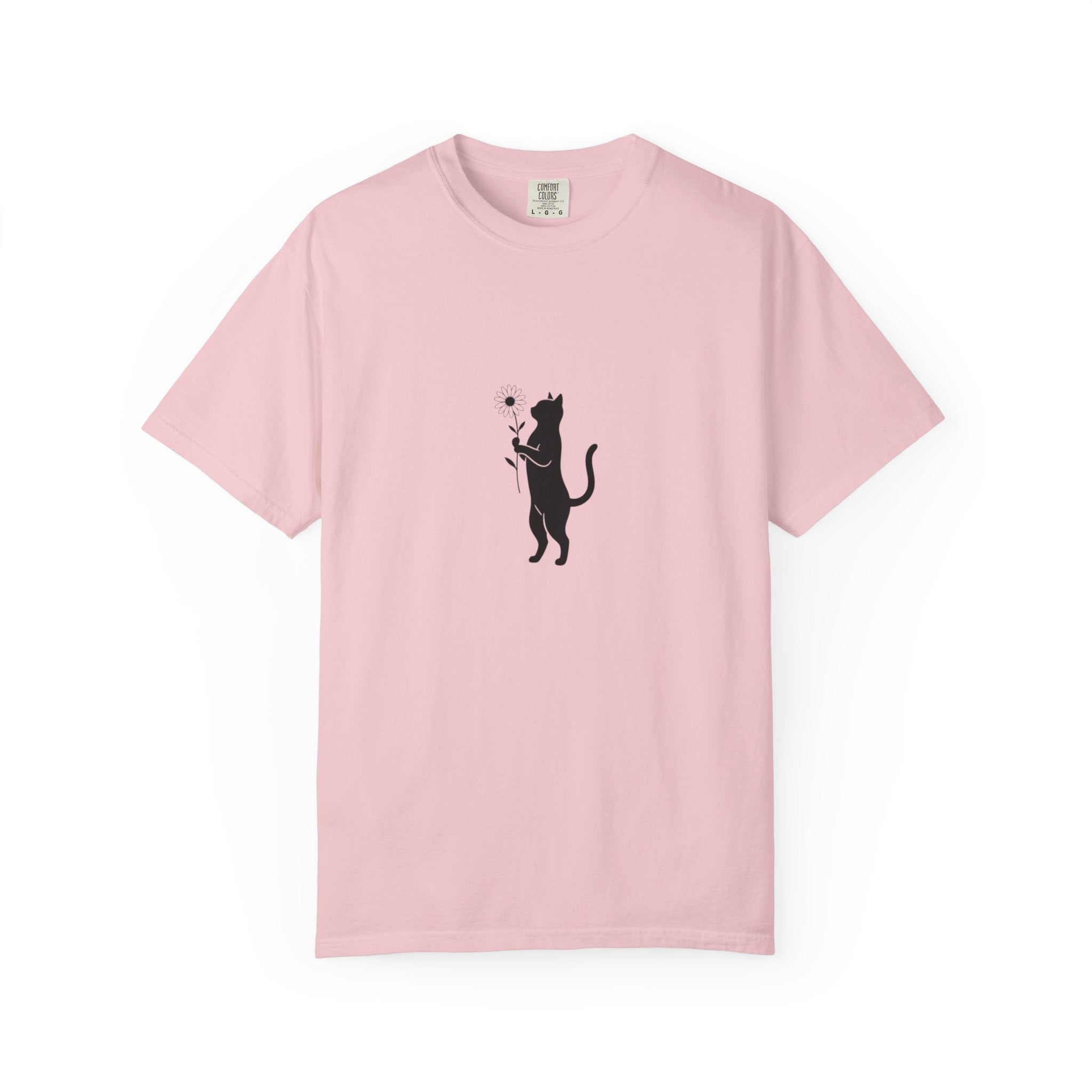Black Cat Holding Flower T-Shirt | Minimal Cat Silhouette Tee