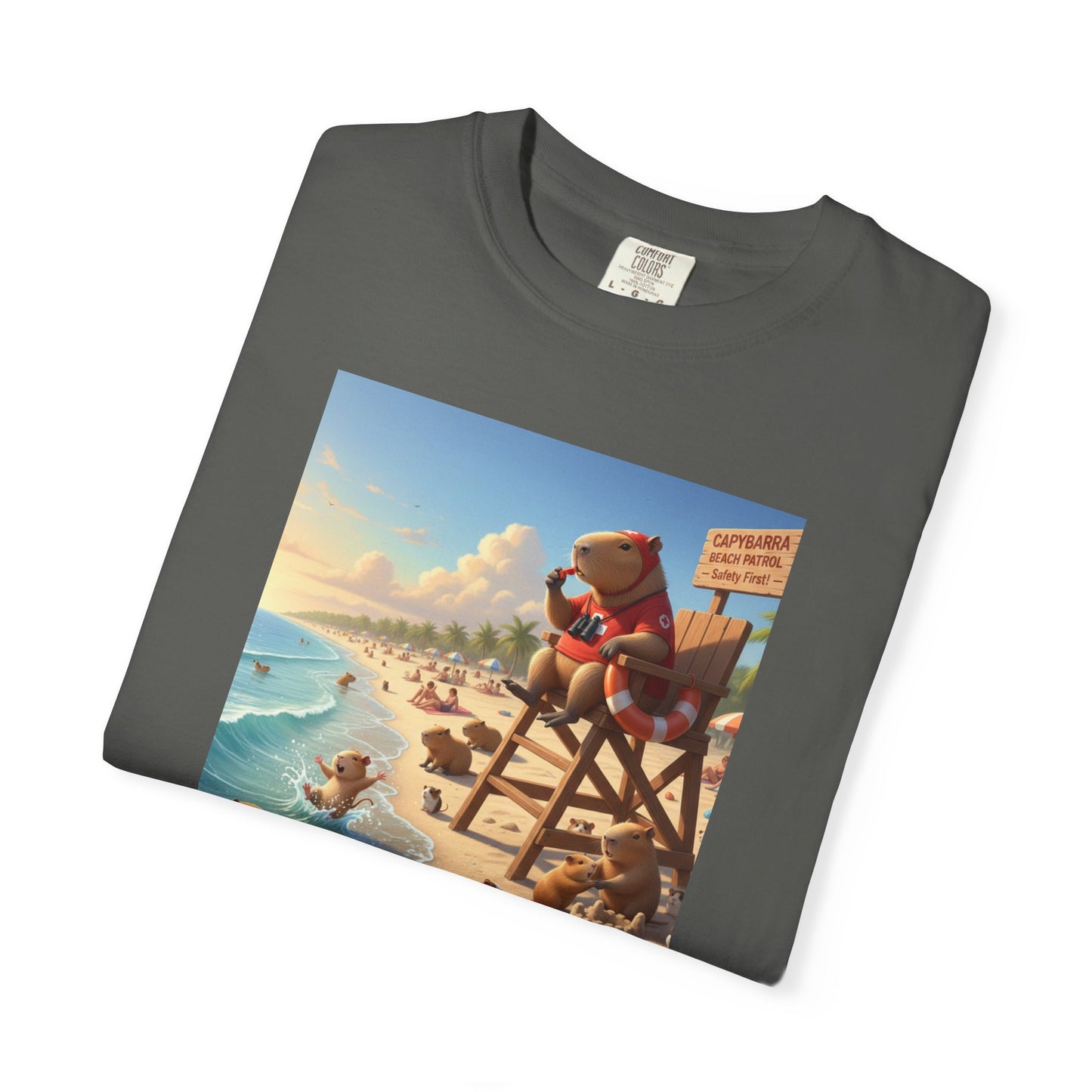 Lifeguard Capybara on Beach T-shirt | Surf Rescue Sunset Scene