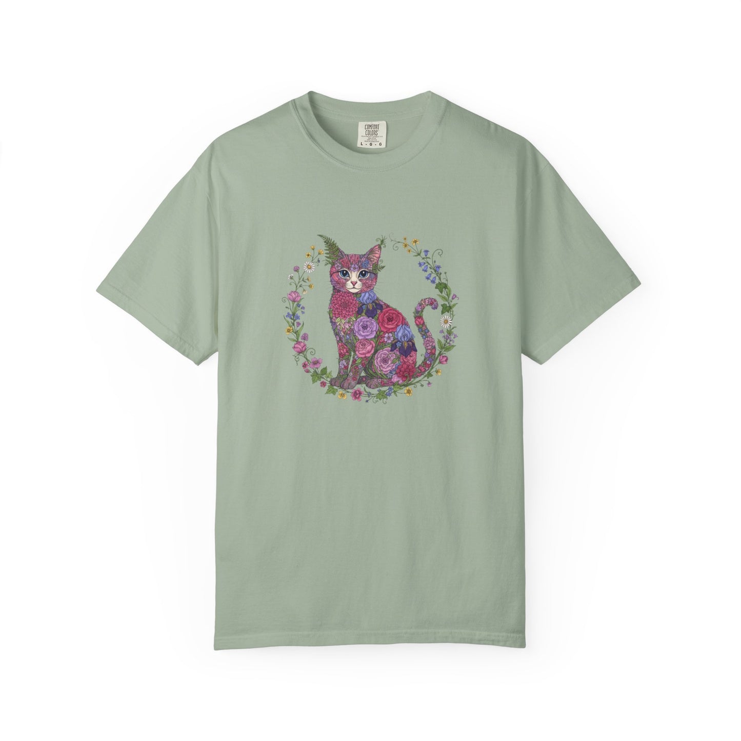 Floral Cat Illustration T-shirt | Botanical Kitty Circle Print