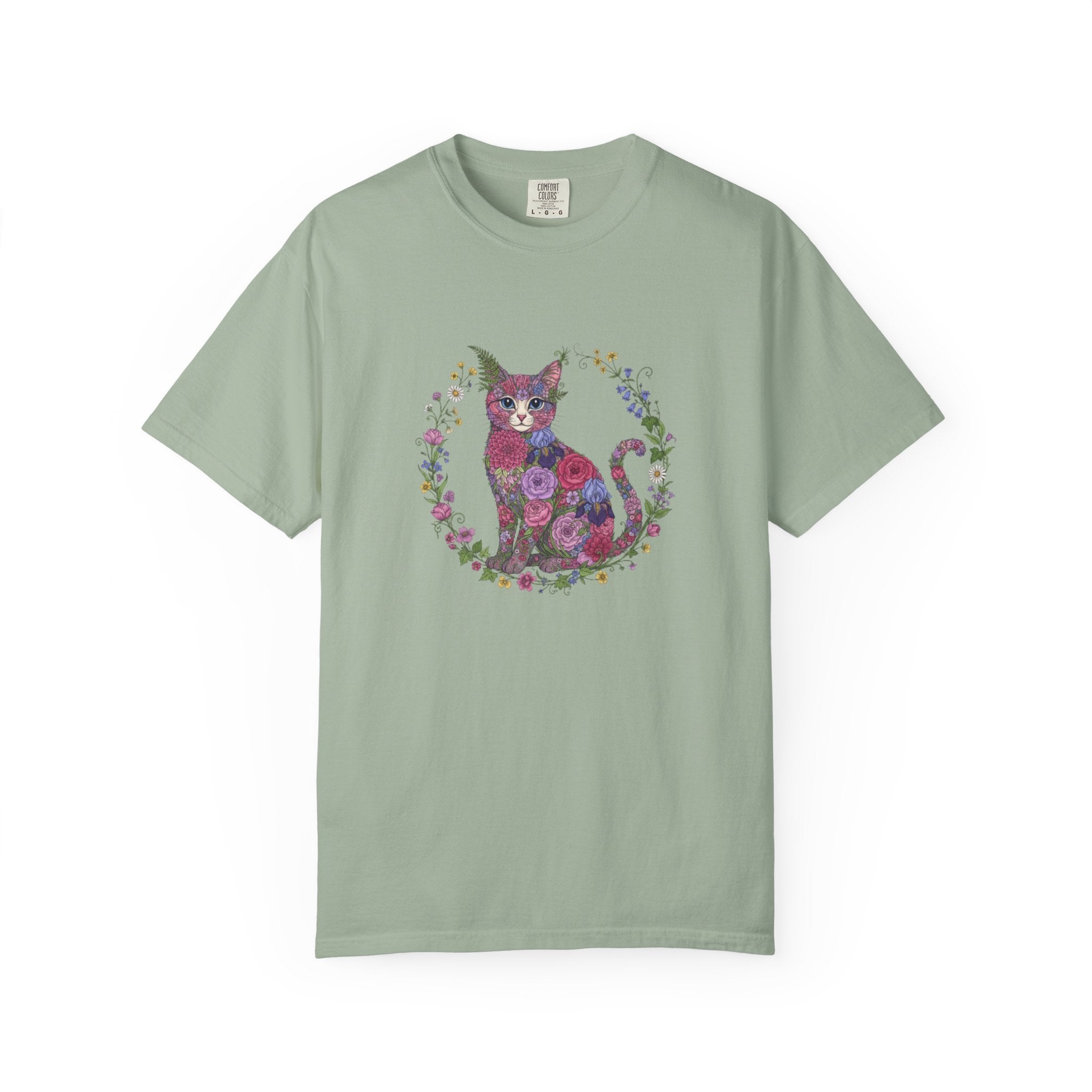 Floral Cat Illustration T-shirt | Botanical Kitty Circle Print