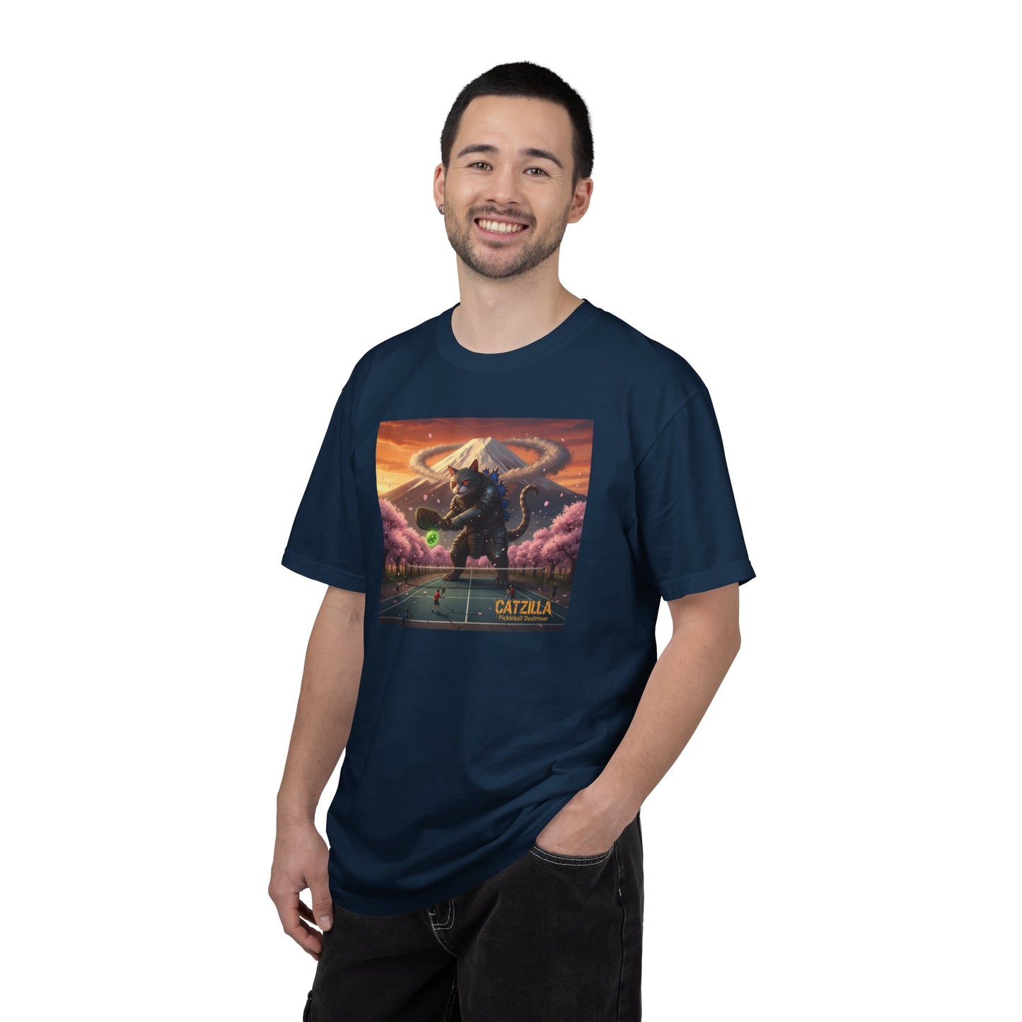 Catzilla Pickleball Destroyer T-shirt | Kaiju Cat Samurai, Mount Fuji Cherry Blossoms
