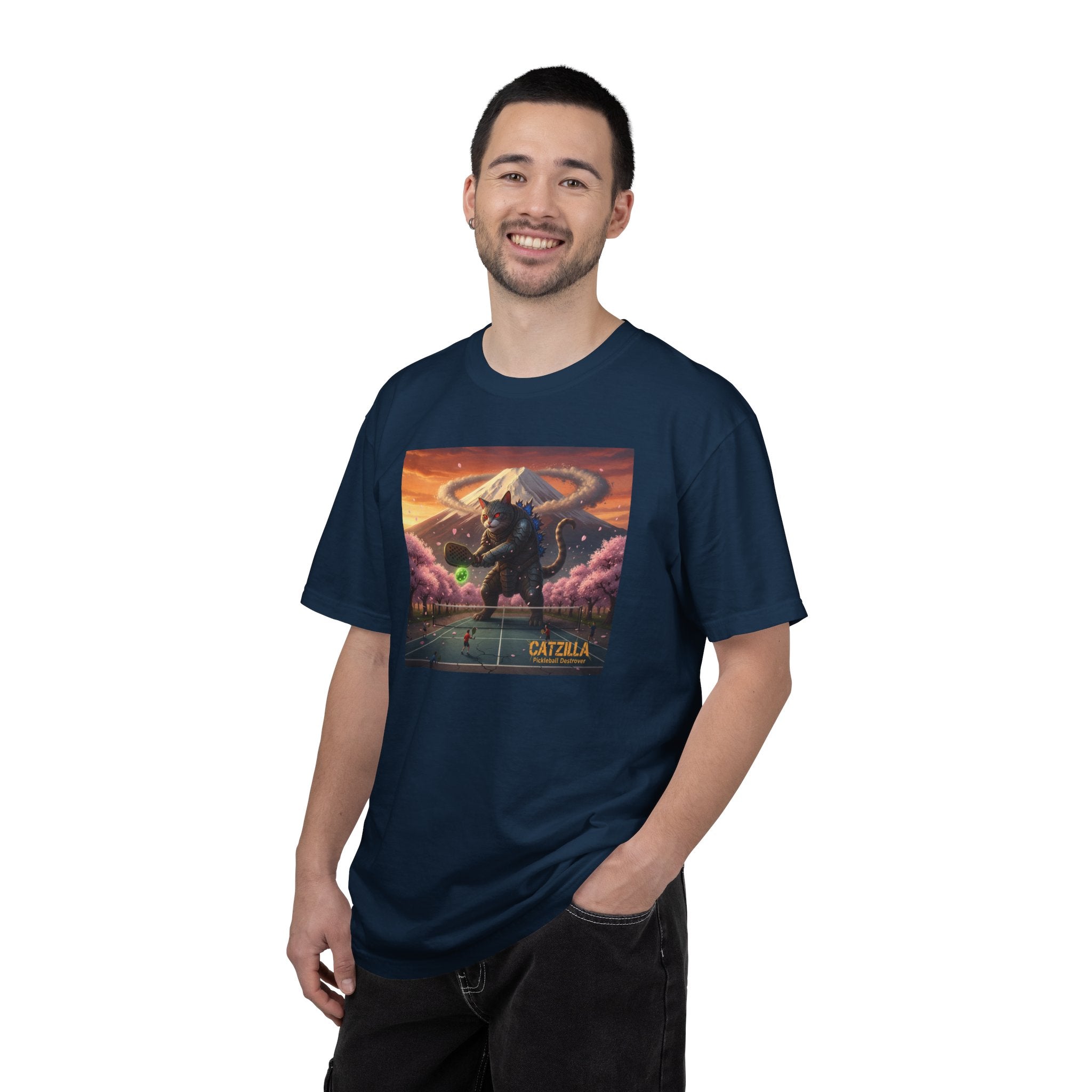 Catzilla Pickleball Destroyer T-shirt | Kaiju Cat Samurai, Mount Fuji Cherry Blossoms