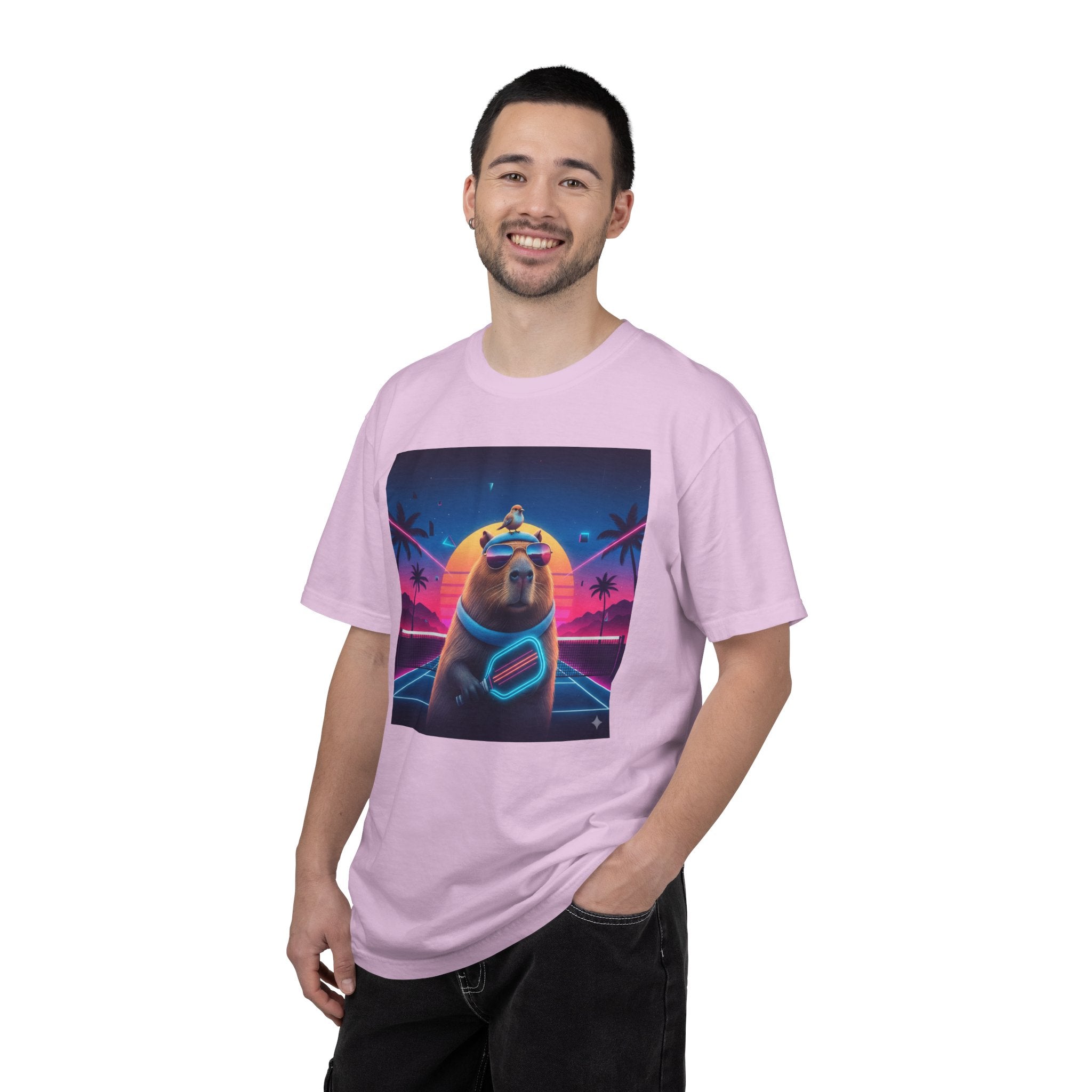 Retro Vaporwave Capybara with Sunglasses T-shirt | Neon Sunset Palm Trees