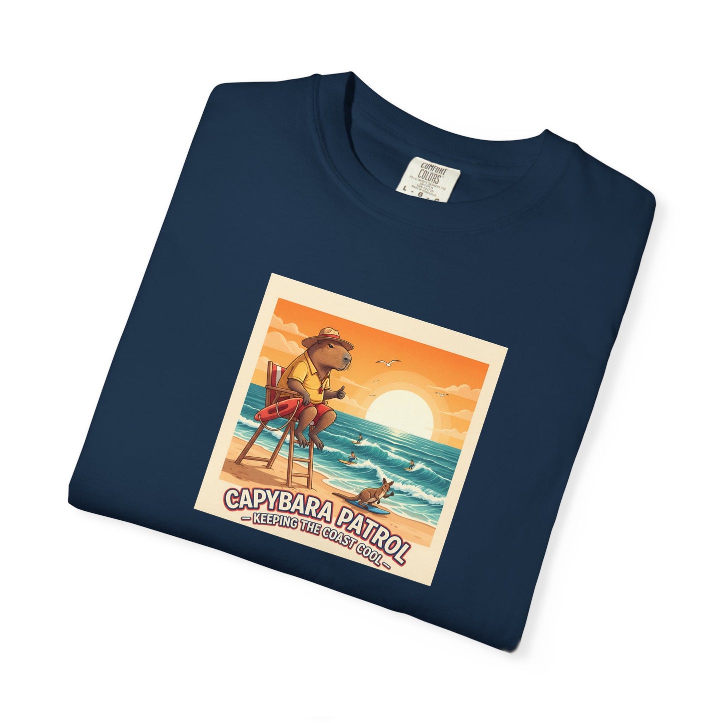 Capybara Patrol Sunset Surfing Capybara T-Shirt | Retro Beach Vibes