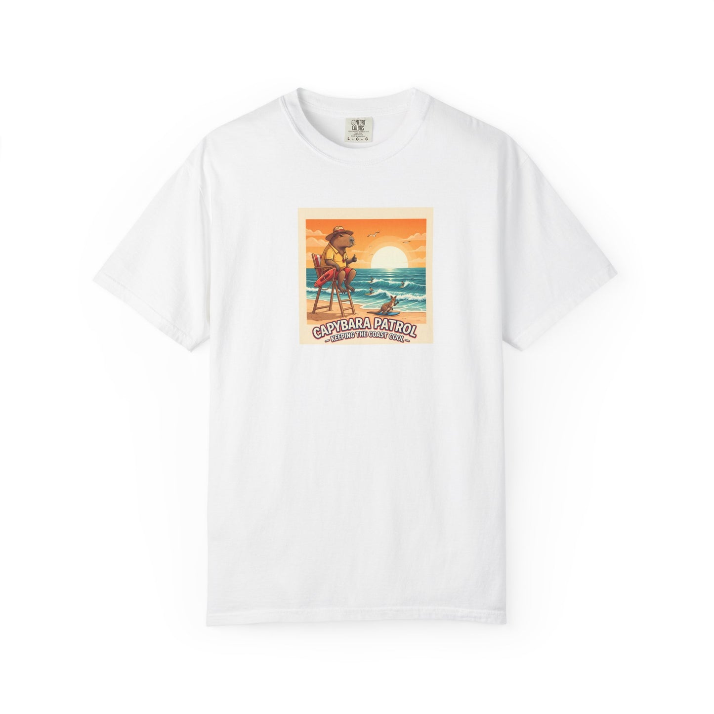 Capybara Patrol Sunset Surfing Capybara T-Shirt | Retro Beach Vibes