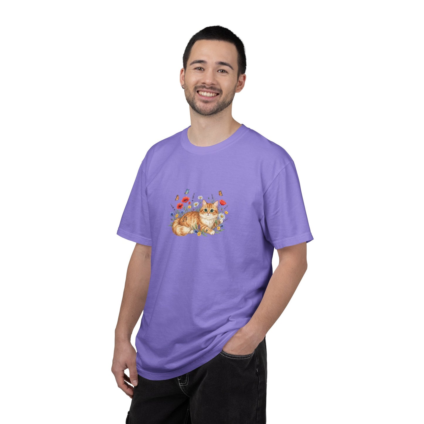 Orange Tabby Cat with Wildflowers T-Shirt | Floral Cat Tee