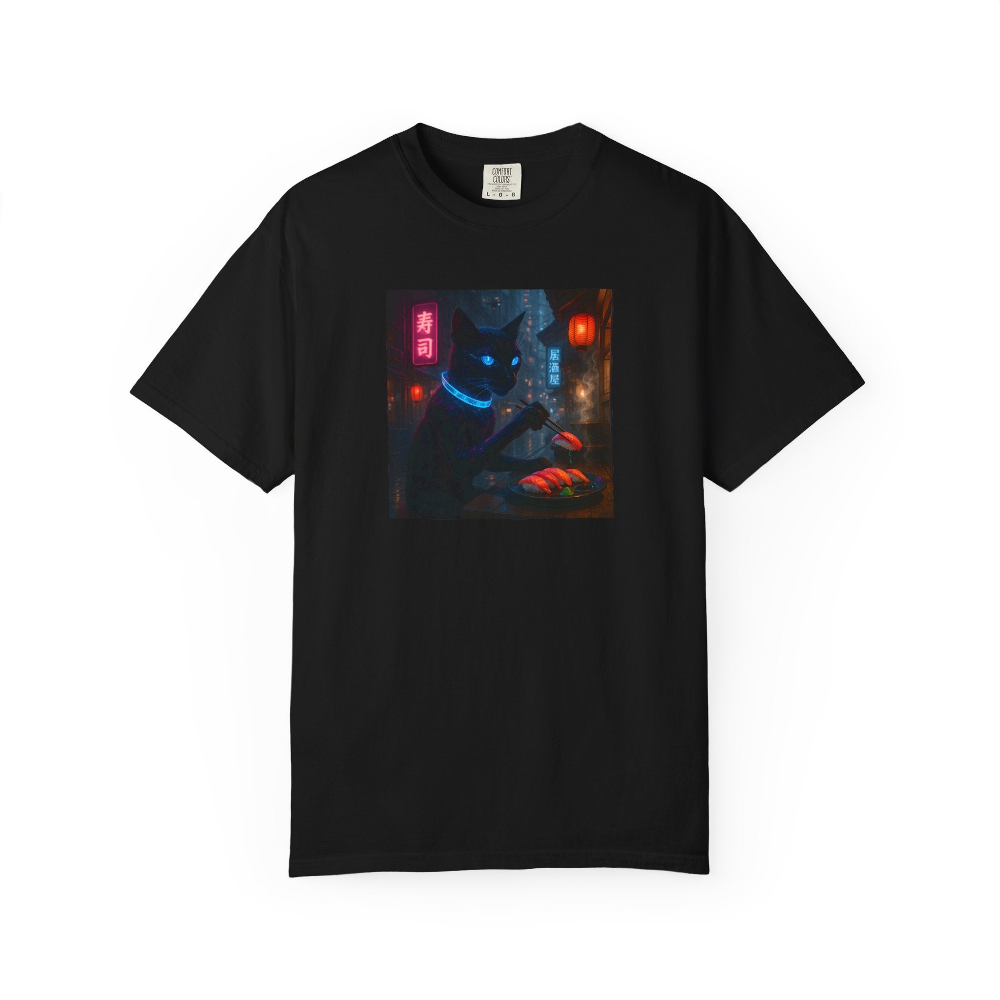 Neon Cyber Cat Sushi Shibuya T-shirt | Dark Alley Japanese Streetwear