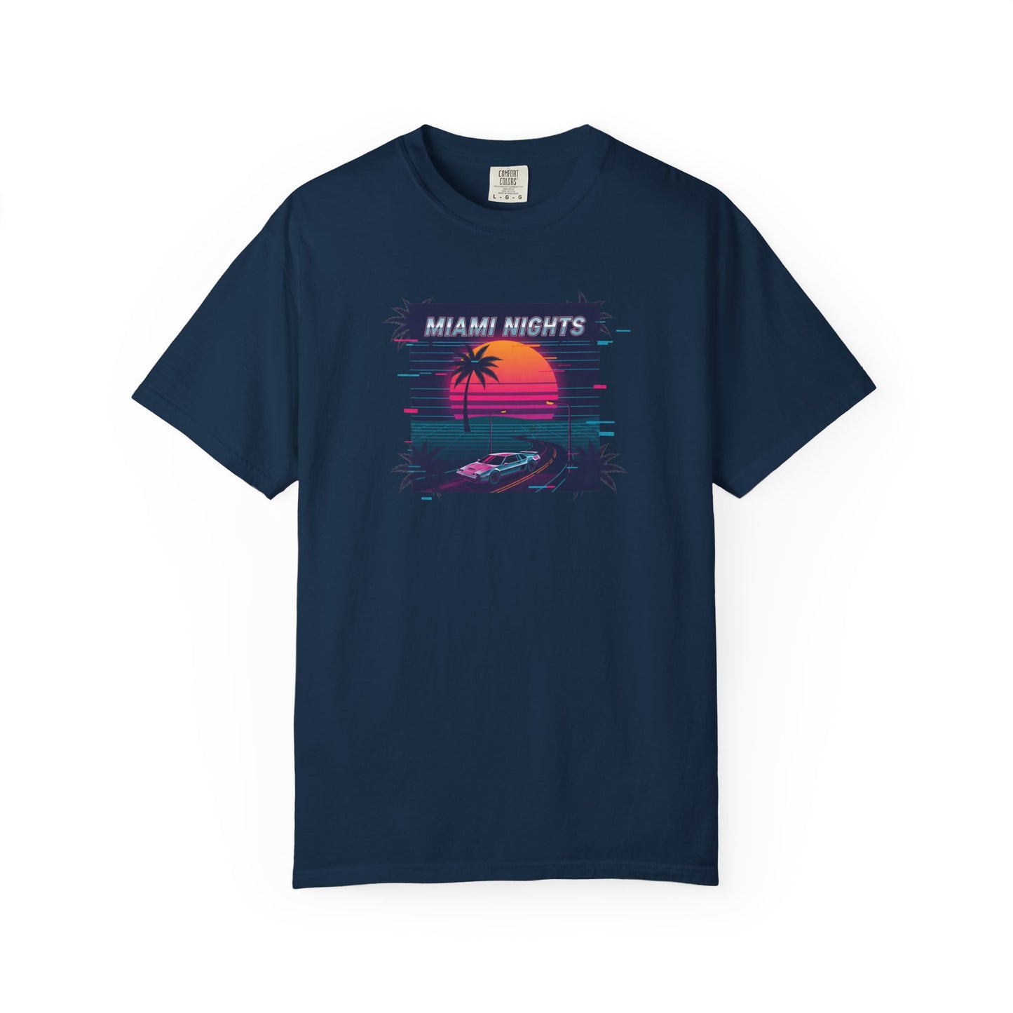 Miami Nights Sunset Palm T-shirt | Retro Vaporwave Beach Scene