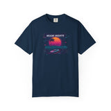 Miami Nights Sunset Palm T-shirt | Retro Vaporwave Beach Scene