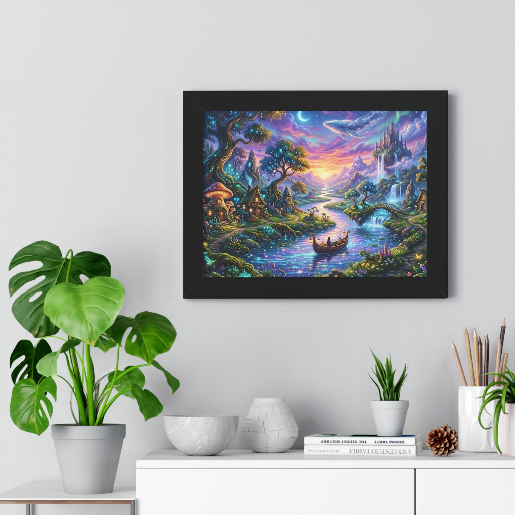 Celestial River Journey Digital Art Print - Whimsical Fantasy Landscape with Floating Castle, Glowing Forest