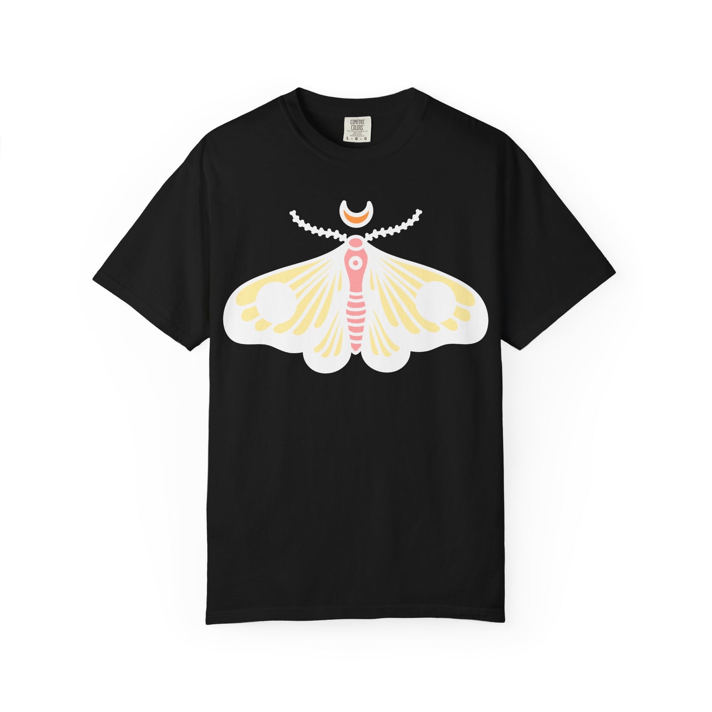 Celestial Moth T-shirt | Pink Yellow Moth with Crescent Moon