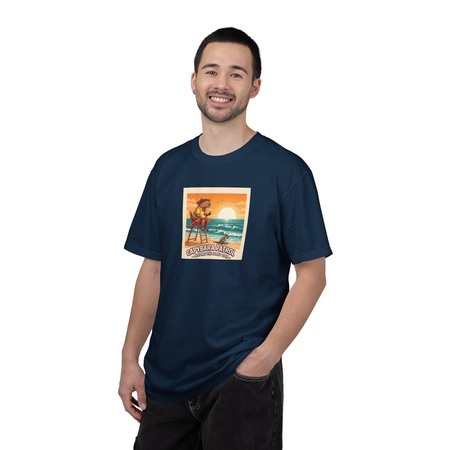 Capybara Patrol Sunset Surfing Capybara T-Shirt | Retro Beach Vibes