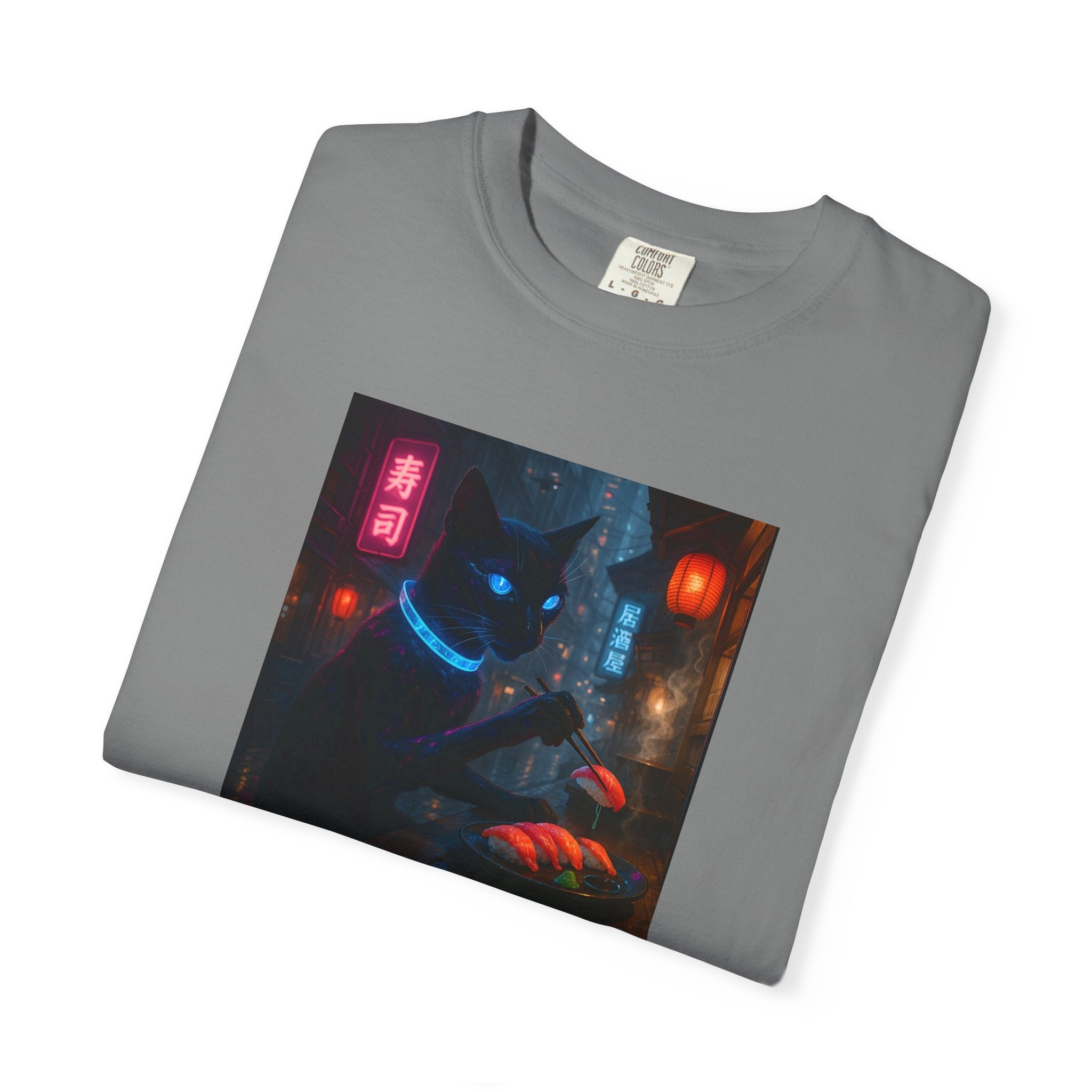 Neon Cyber Cat Sushi Shibuya T-shirt | Dark Alley Japanese Streetwear