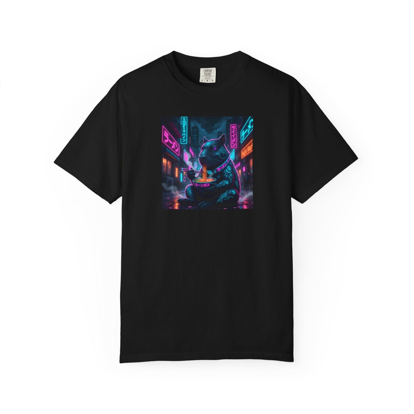 Neon Cyberpunk Capybara Cityscape T-Shirt | Futuristic Night Street Art