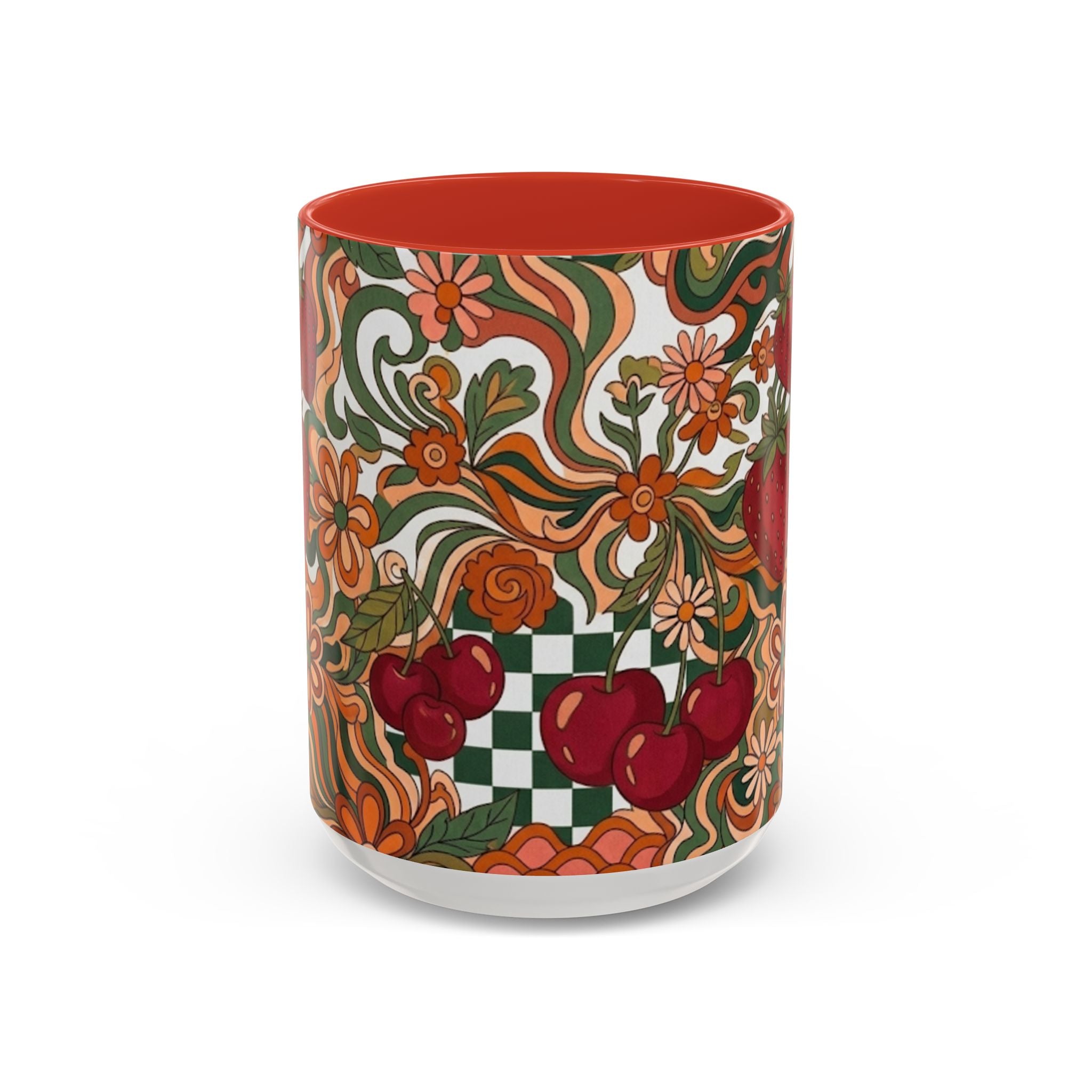 Vintage Cherry Strawberry Pattern Accent Mug | 11oz 15oz