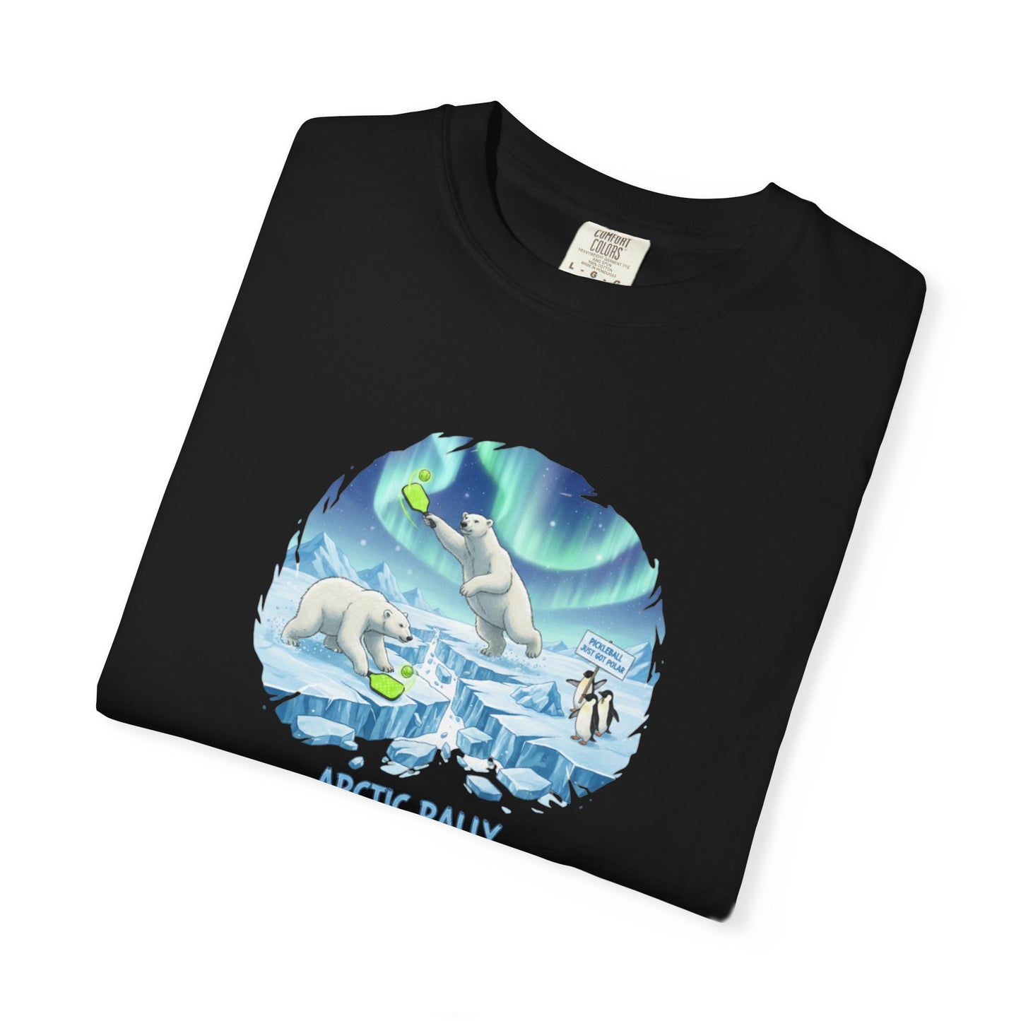 Arctic Rally Polar Bears Playing Pickleball T-Shirt | Northern Lights Illustration