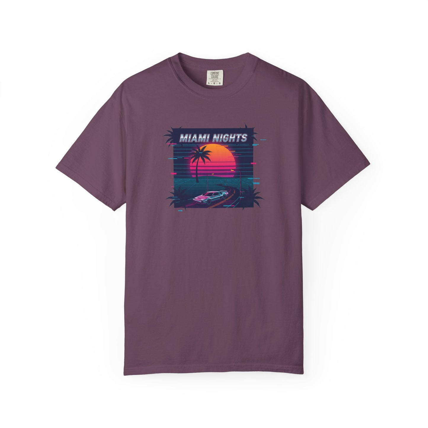 Miami Nights Sunset Palm T-shirt | Retro Vaporwave Beach Scene