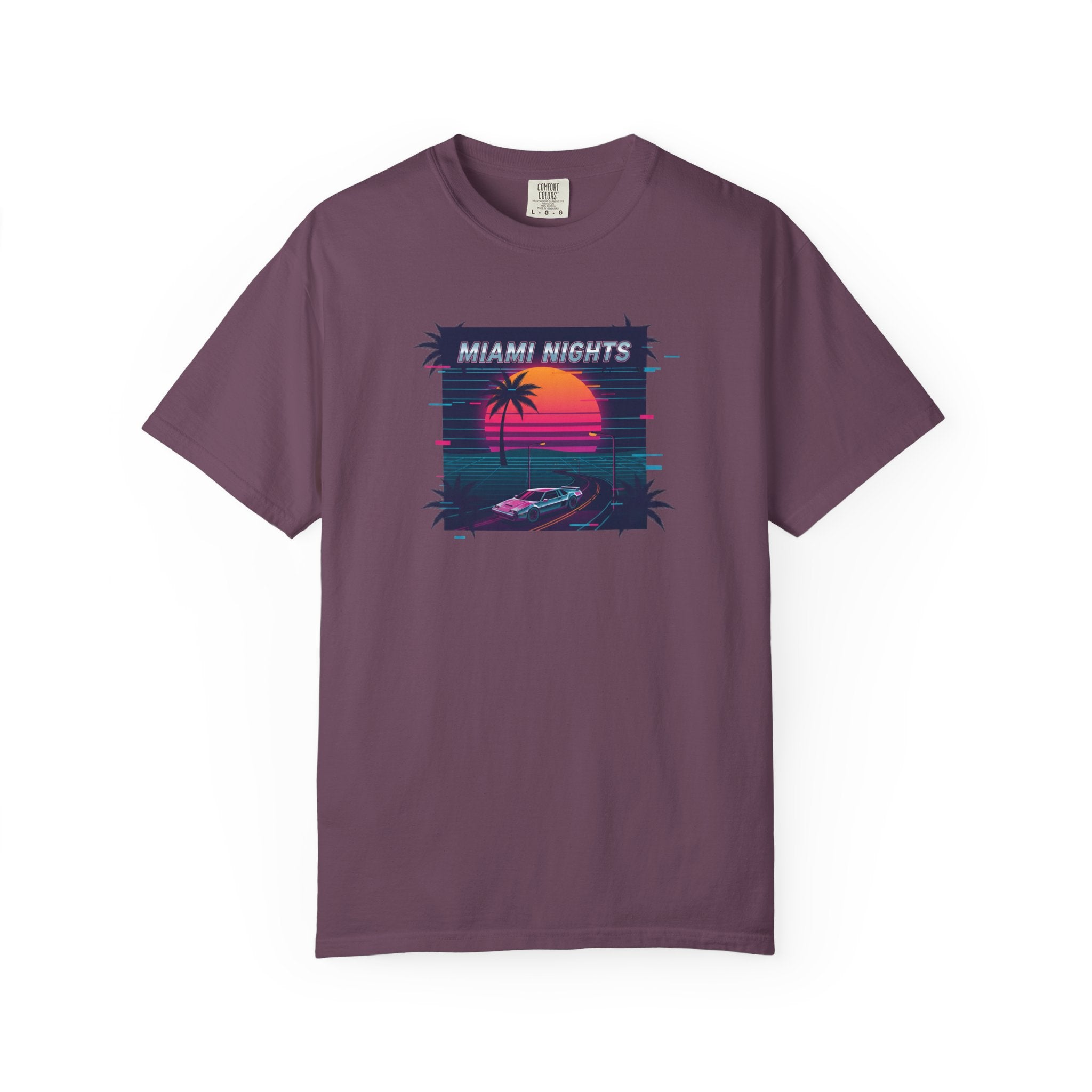 Miami Nights Sunset Palm T-shirt | Retro Vaporwave Beach Scene