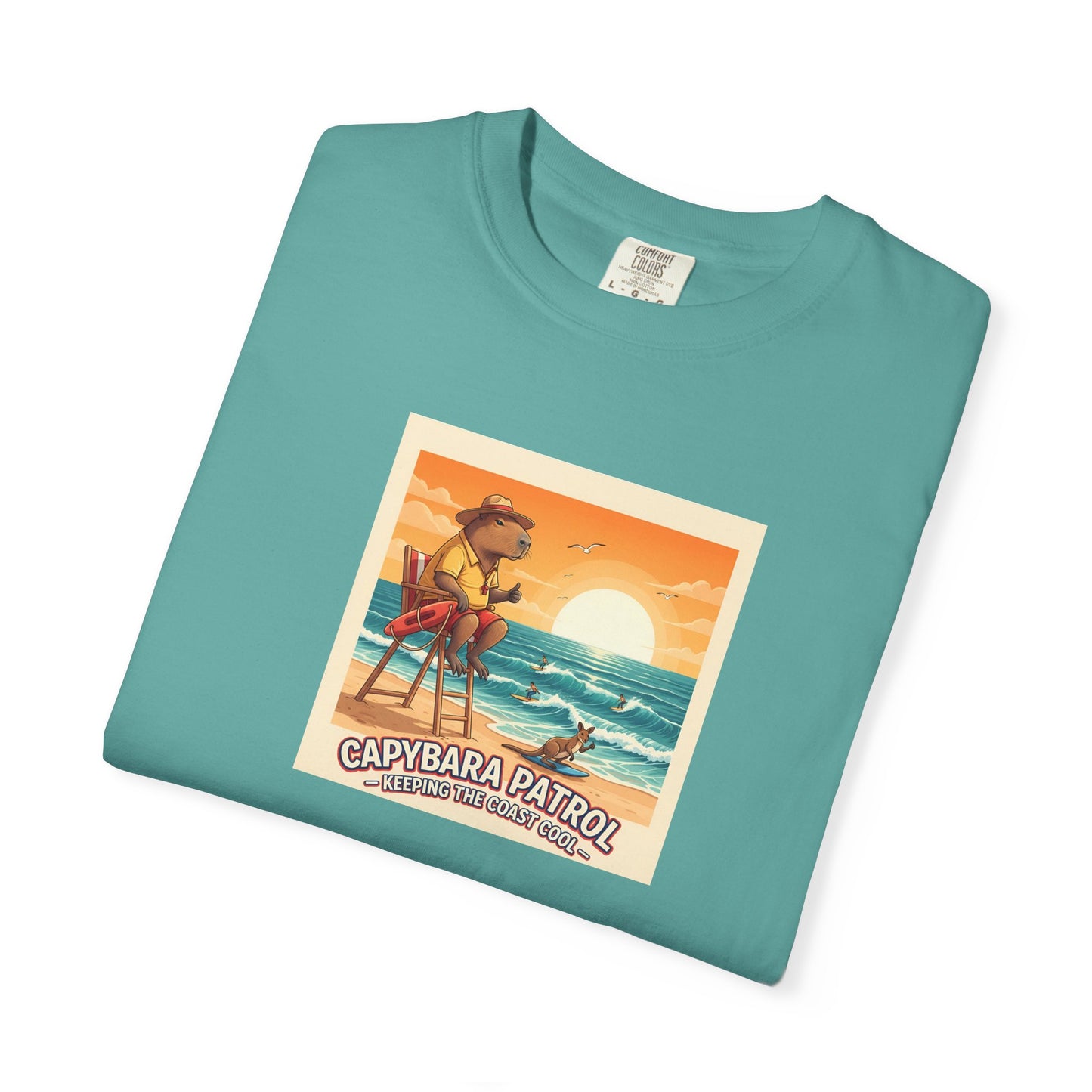 Capybara Patrol Sunset Surfing Capybara T-Shirt | Retro Beach Vibes