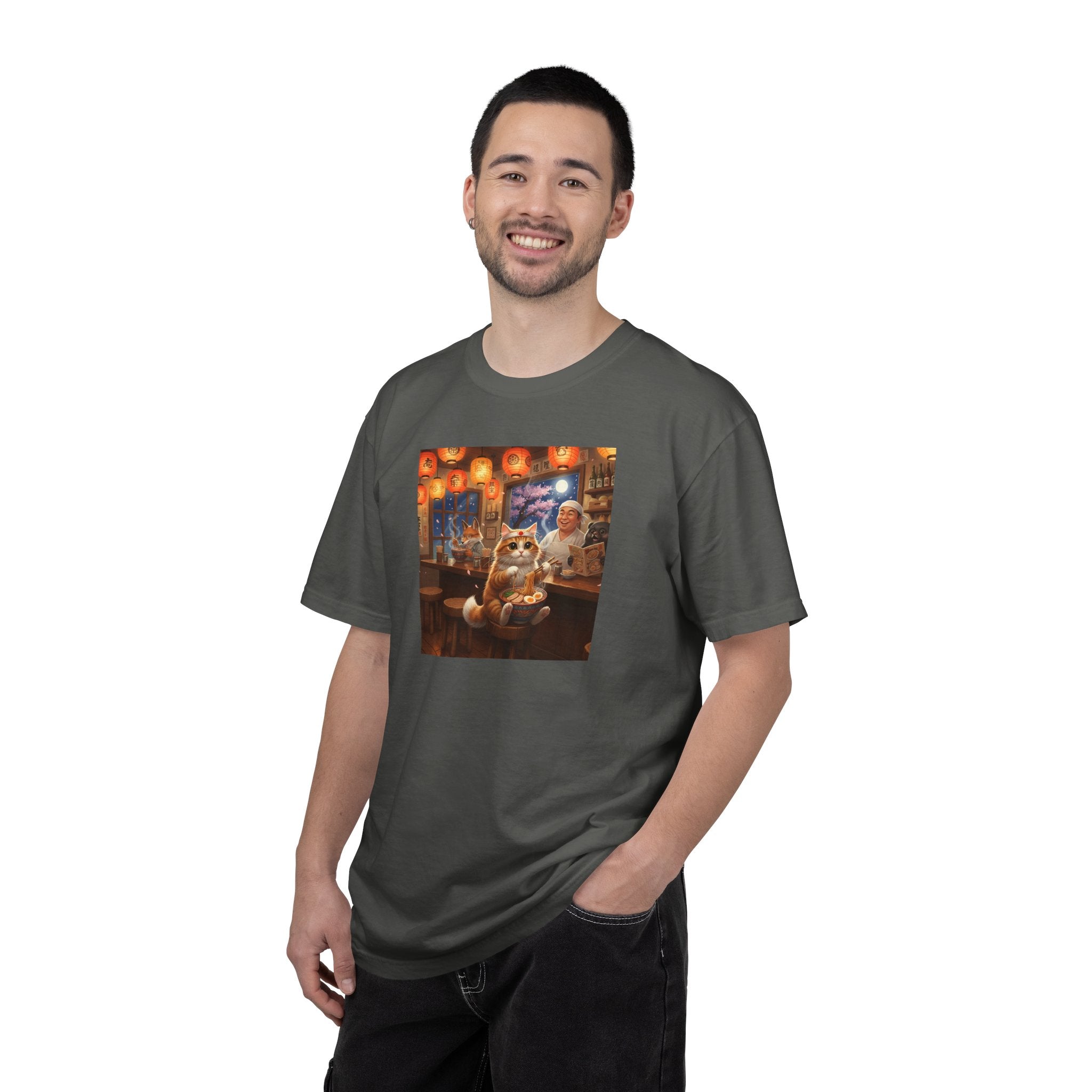 Whiskers and the Wondrous Noodles Cat Bar Ramen Scene T-shirt | Cozy Pub Cat Illustration