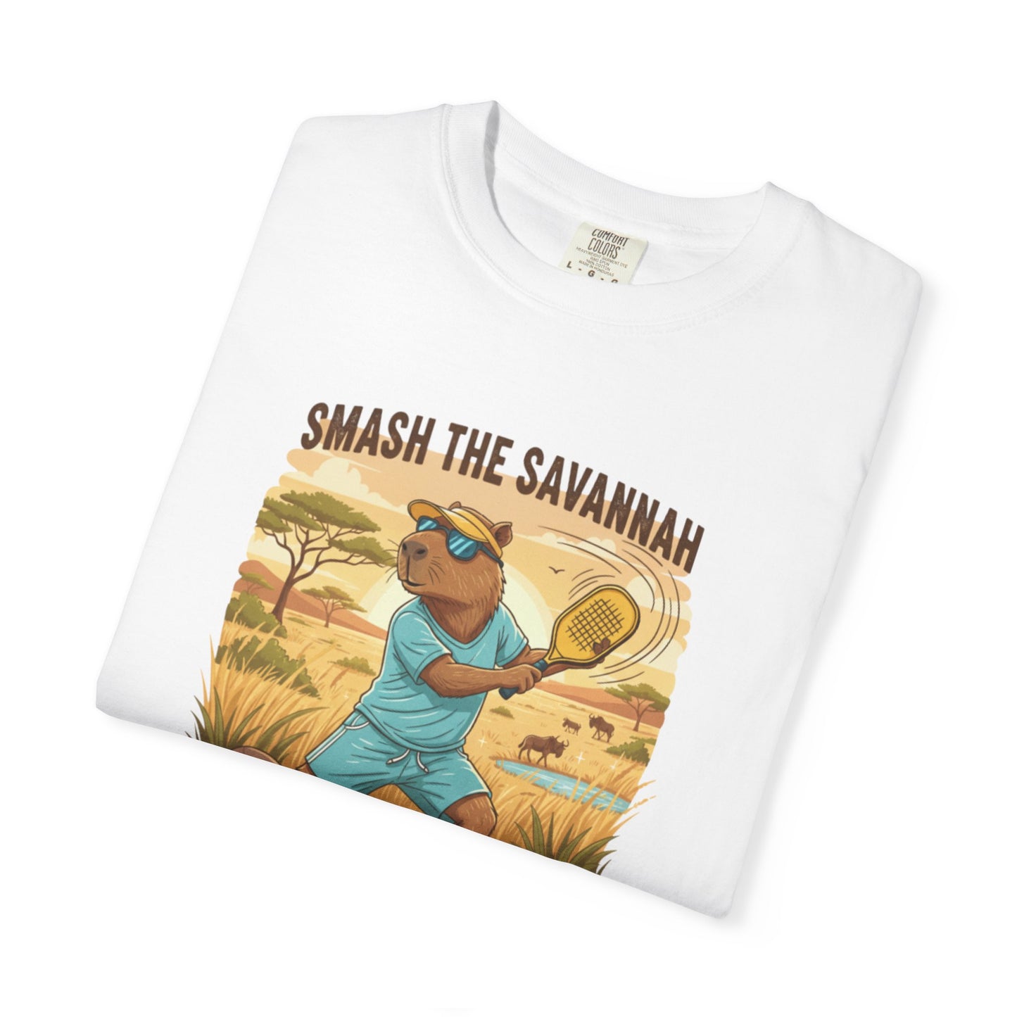 Smash the Savannah Capybara Pickleballer T-Shirt | Animal Sports Graphic Tee