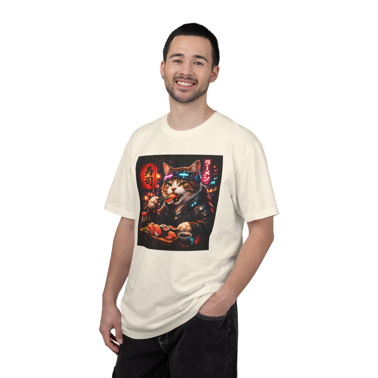 Sushi-Eating Cat T-Shirt | Neon Japanese Street Food Art