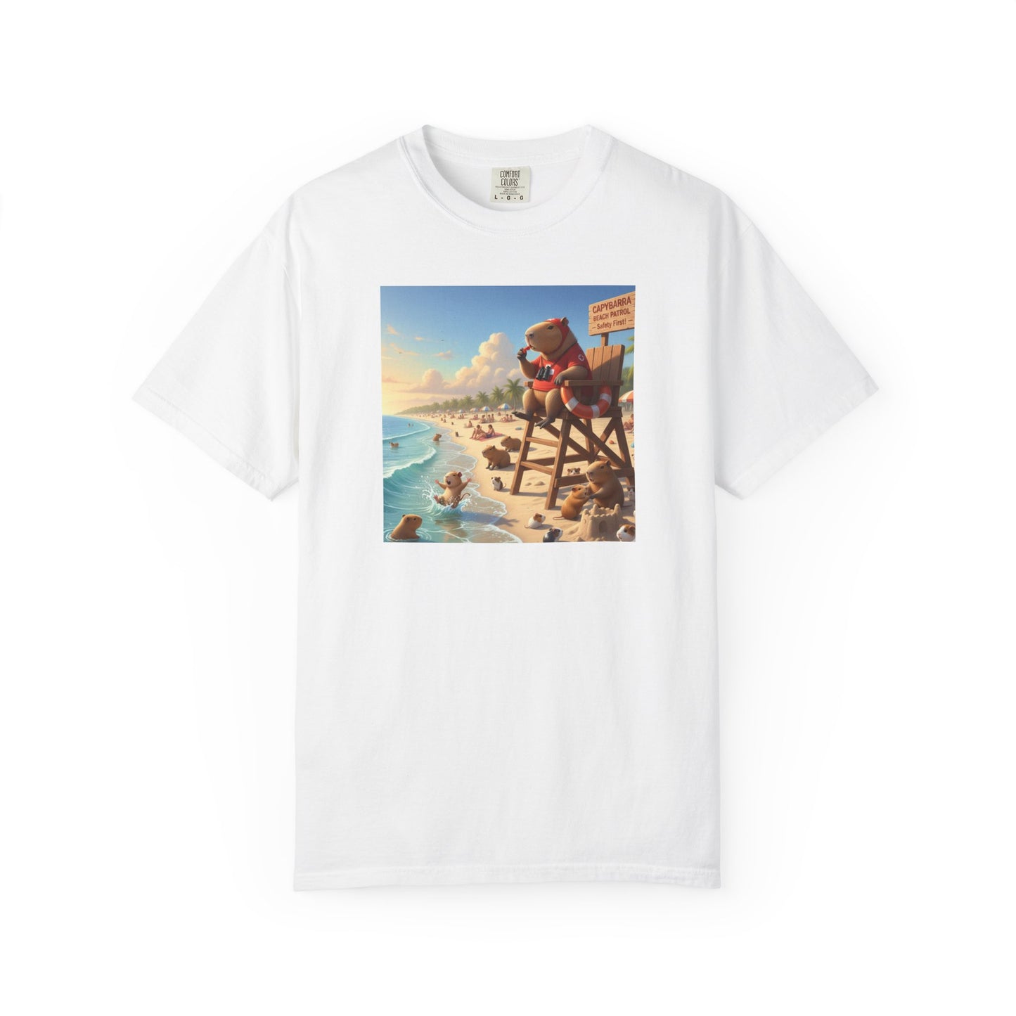 Lifeguard Capybara on Beach T-shirt | Surf Rescue Sunset Scene