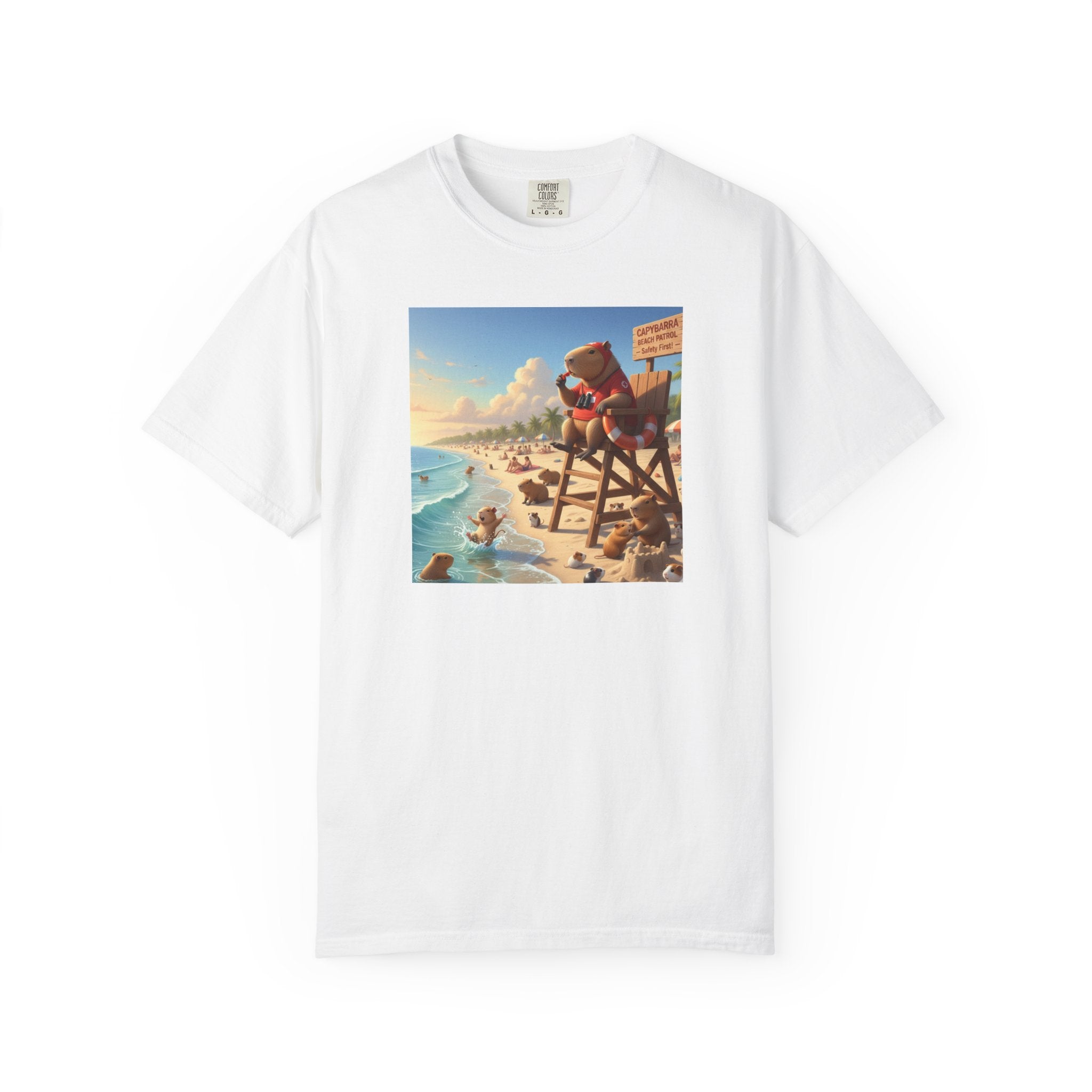 Lifeguard Capybara on Beach T-shirt | Surf Rescue Sunset Scene