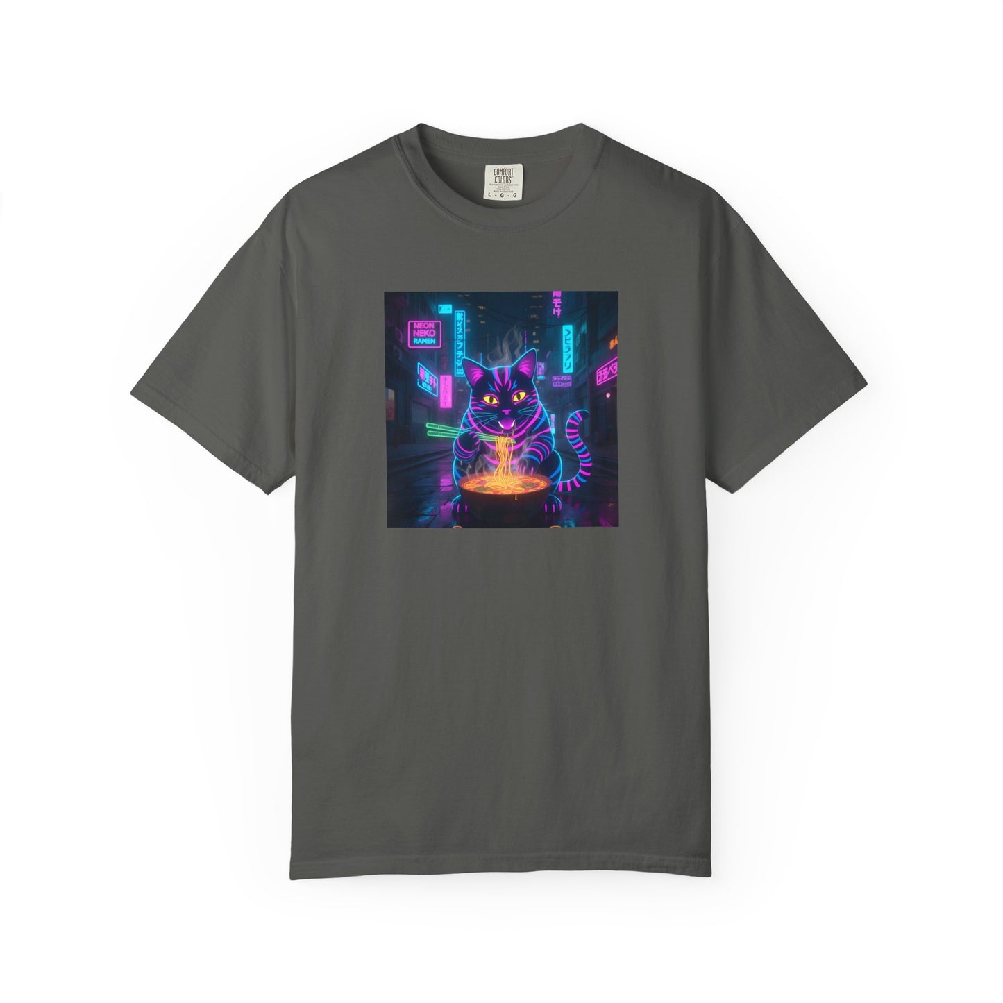 Neon Cyberpunk Cat Mystic Bowl T-shirt | Retro Futuristic Alley Art