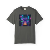Neon Cyberpunk Cat Mystic Bowl T-shirt | Retro Futuristic Alley Art