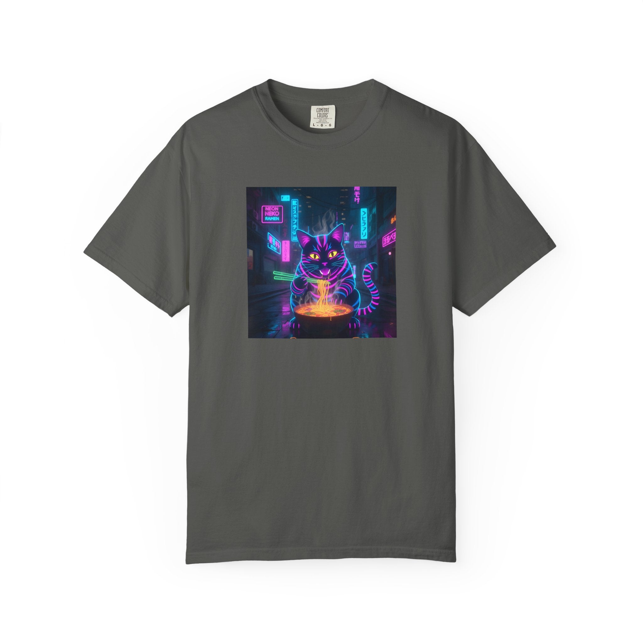 Neon Cyberpunk Cat Mystic Bowl T-shirt | Retro Futuristic Alley Art