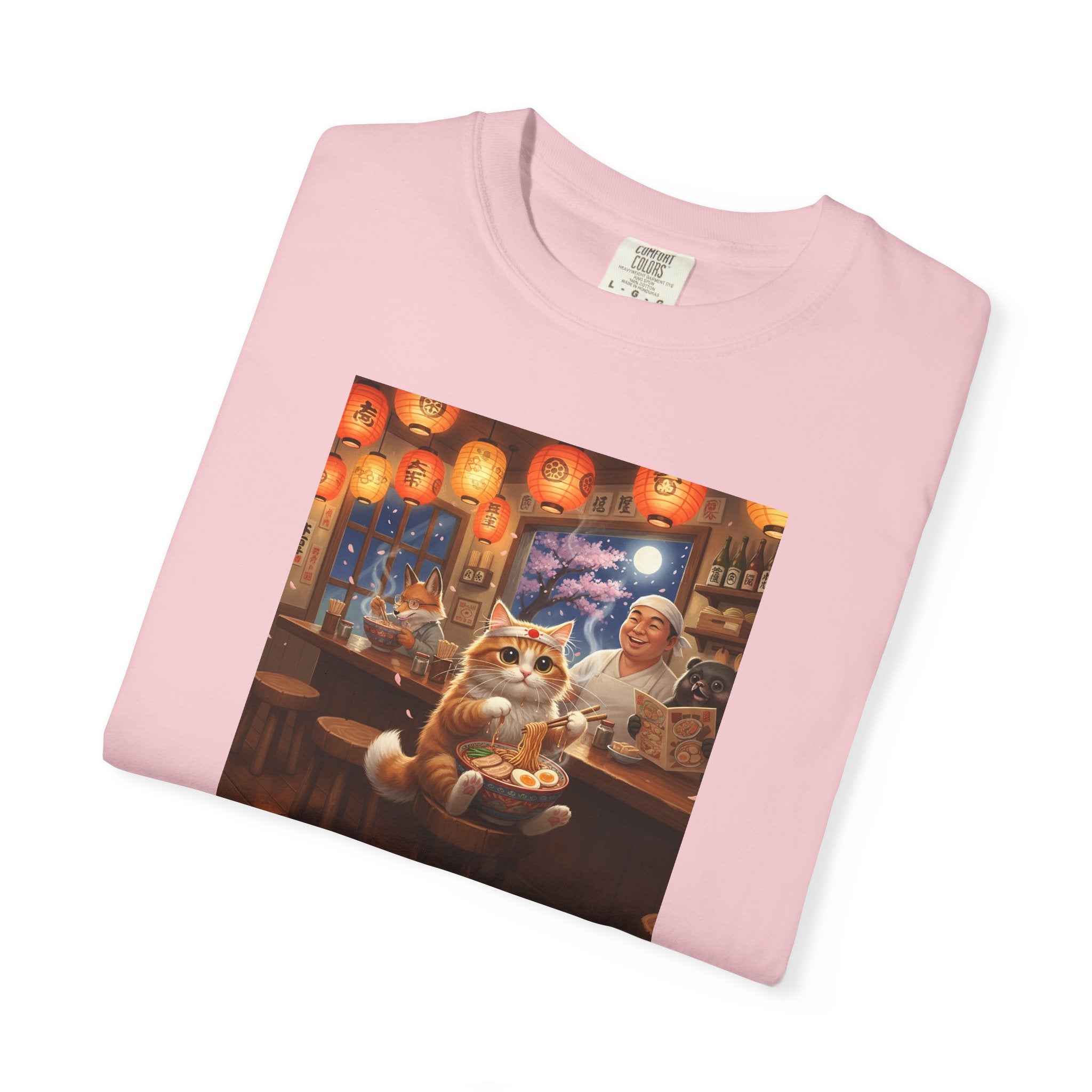 Whiskers and the Wondrous Noodles Cat Bar Ramen Scene T-shirt | Cozy Pub Cat Illustration