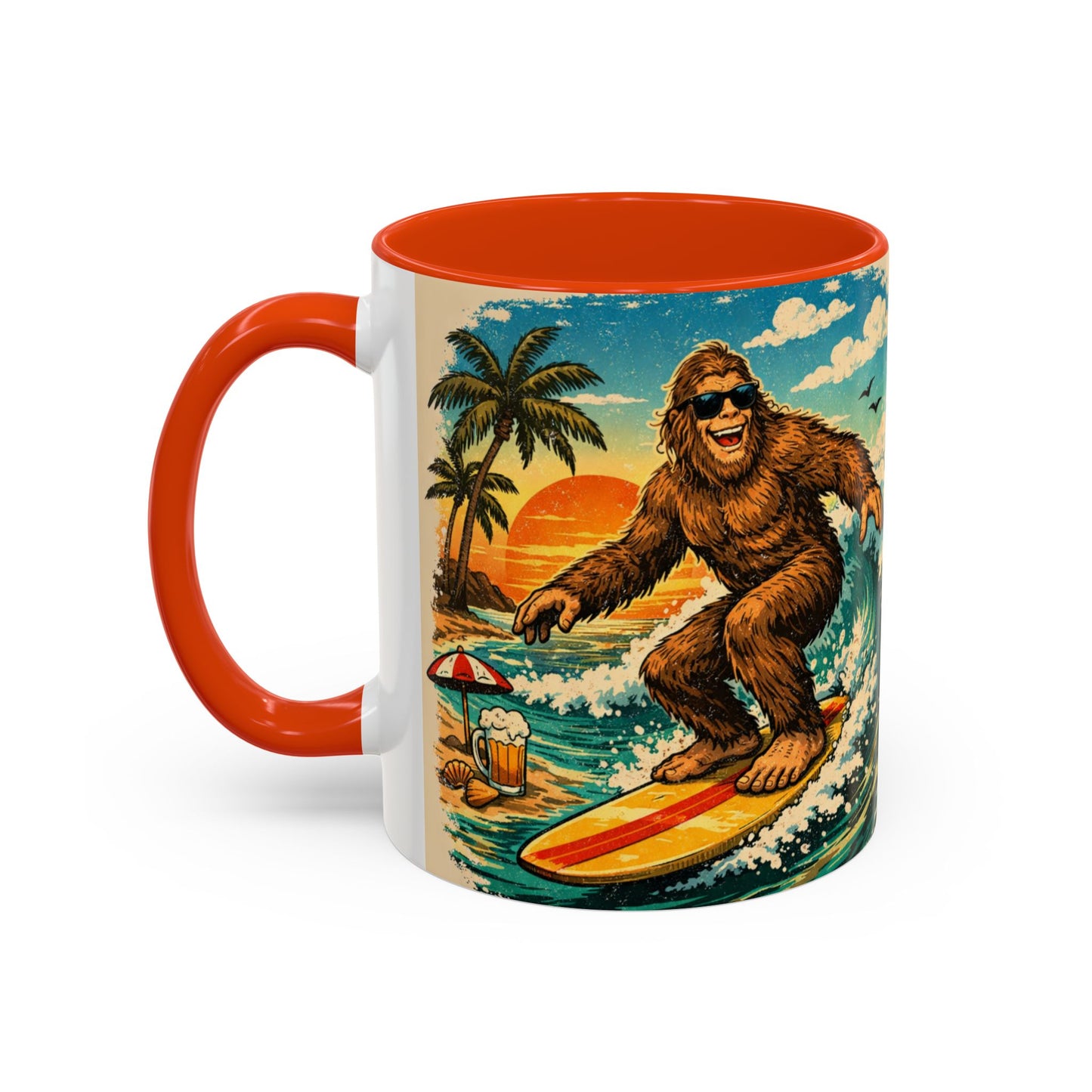 Surfing Bigfoot Mug | Retro Beach Sunset Bigfoot Wave Coffee Cup