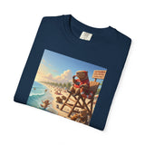 Lifeguard Capybara on Beach T-shirt | Surf Rescue Sunset Scene