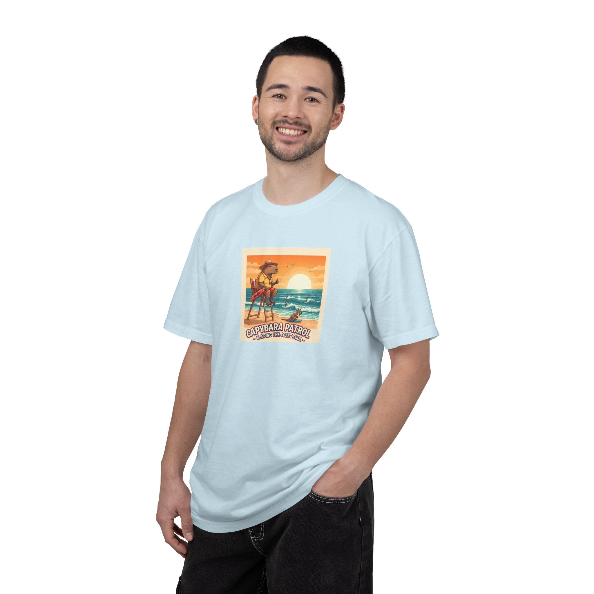 Capybara Patrol Sunset Surfing Capybara T-Shirt | Retro Beach Vibes