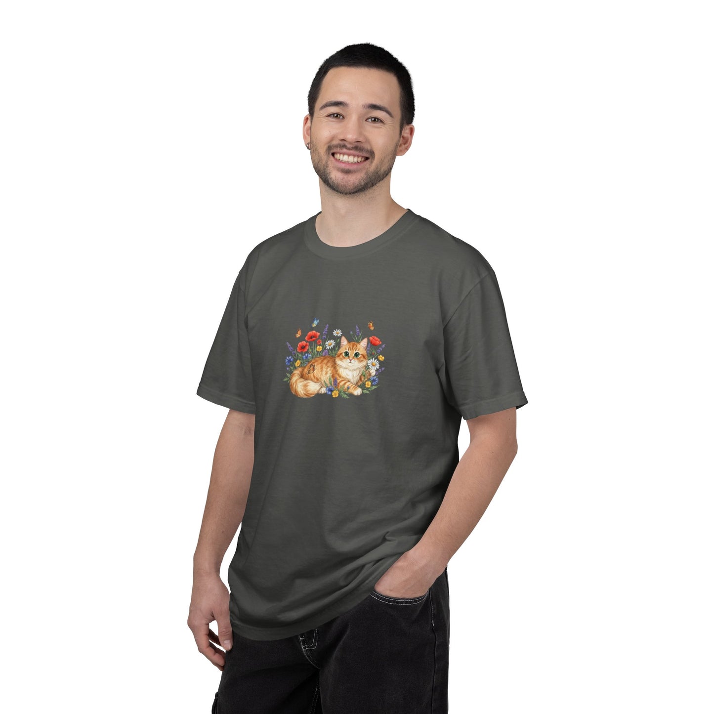 Orange Tabby Cat with Wildflowers T-Shirt | Floral Cat Tee