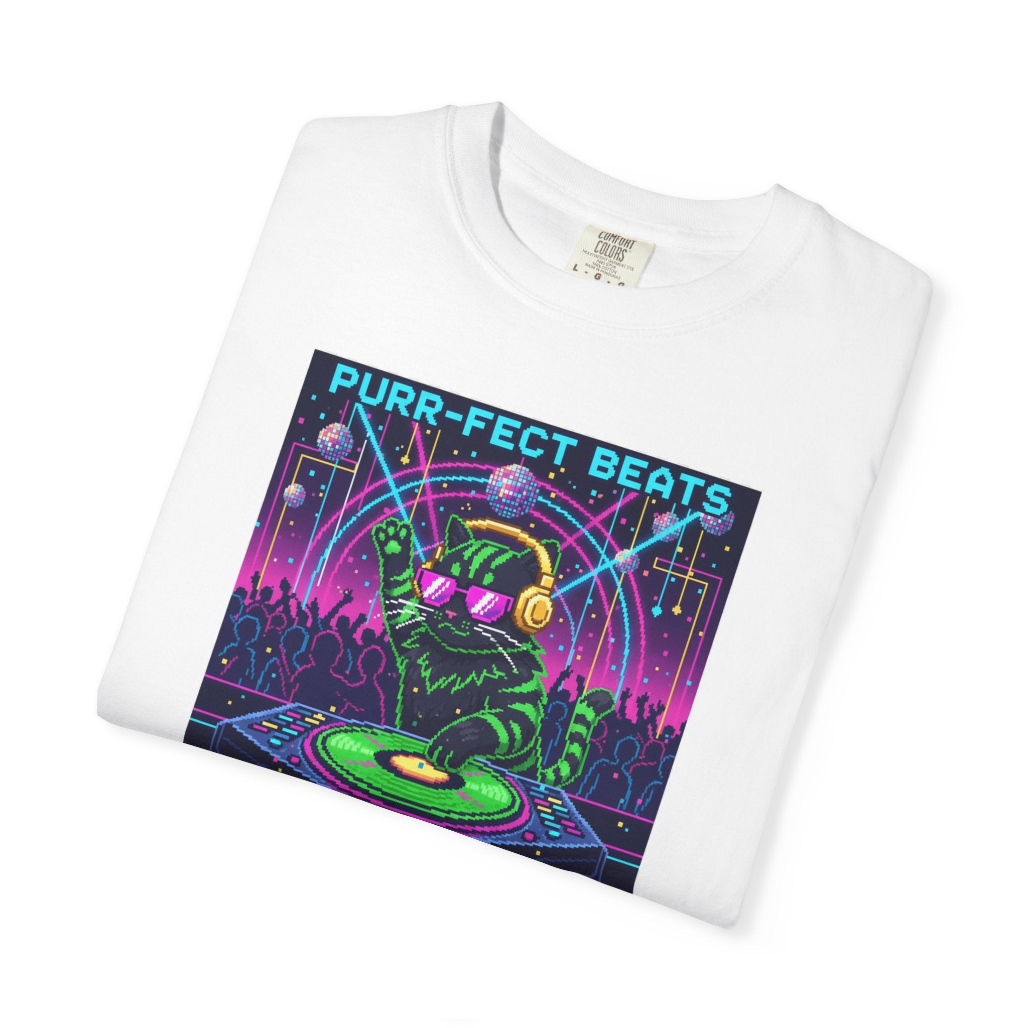 Purr-fect Beats Rave Feline DJ cat T-shirt | Neon EDM club design