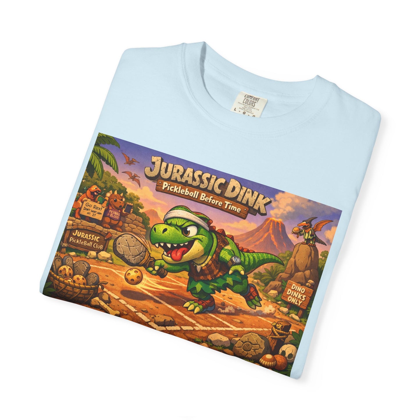 Jurassic Dink Pickleball Dinosaur Arcade Poster T-Shirt | Retro Video Game Shirt